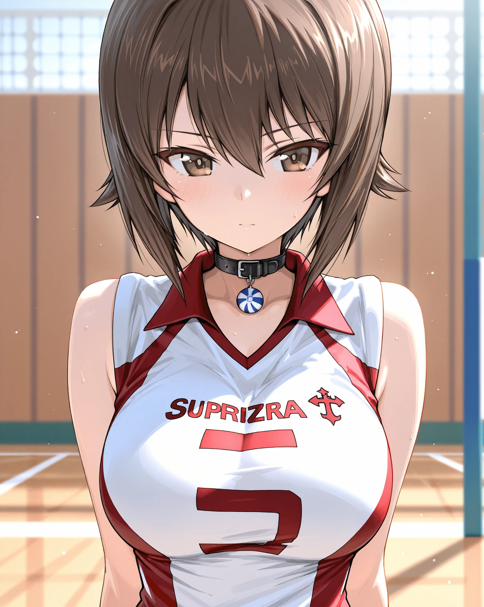 Handsome Bob Brown Hair 17Year-old girl Tsundere Volleyball Uniforms Wet with sweat all over the body The body is glistening with sweat