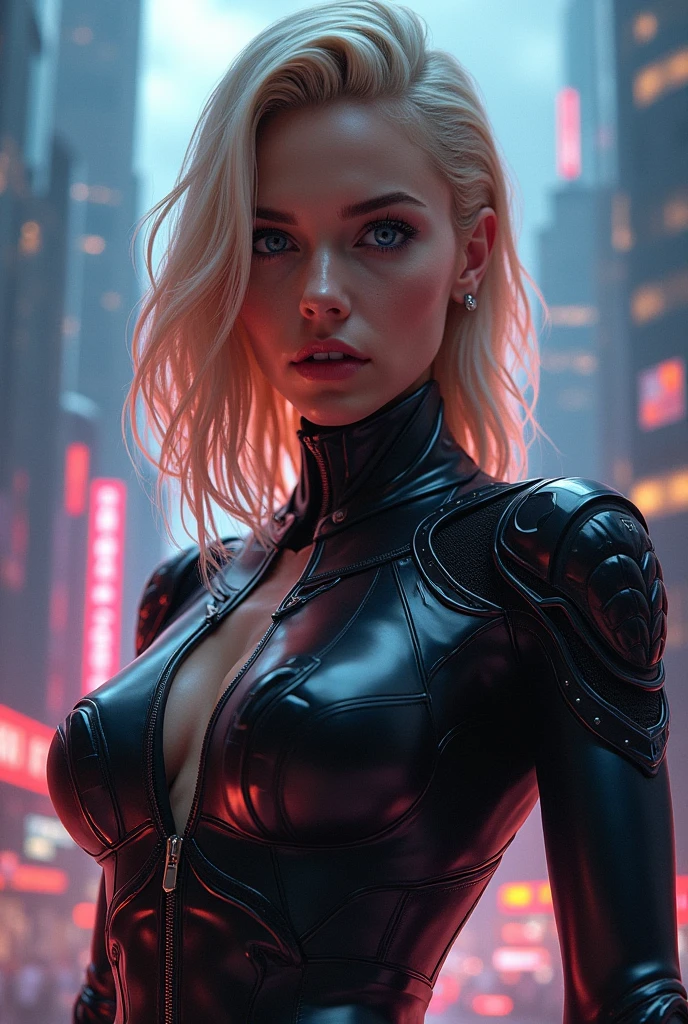 A (MARGOT ROBBIE wearing a cybernetic black outfit), big breasts, sensual, standing on a street of a destroyed city, lightning coming out of the hands and eyes, fire, dust everywhere, destruction, super realistic, well detailed face without distortions, epic image in the best possible resolution, 8k, very realistic, depth of field, a work of art, cyberpunk effect, Hollywood movie style