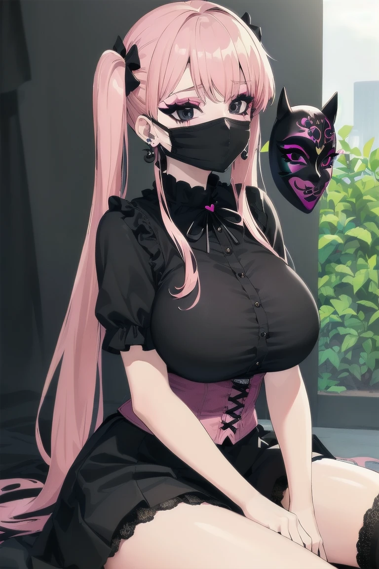 ((masterpiece, Highest_quality:1.8)),16k,ultra high resolution,alone,super detailed, detailed face,fine eyes,very cute and beautiful girl ,thin waist,perfect beautiful eyes,perfect cute face:1 Beautiful woman with perfect figure:1.8,thin legs,beautiful feet,fine clothes,casual dress,hugeな_chest:.1.8,huge_chest:.1.8,huge_Tis:.1.8,hugeな_Tis:.1.8,japanese girl,The image must be hyper anime style, dynamic pose,avant-garde,pink shirt,cosplay, jirai kei, bangs, black skirt, black bow, looking at the viewer, bow, long sleeve, choker, ribbon,pink lips,((black mask))