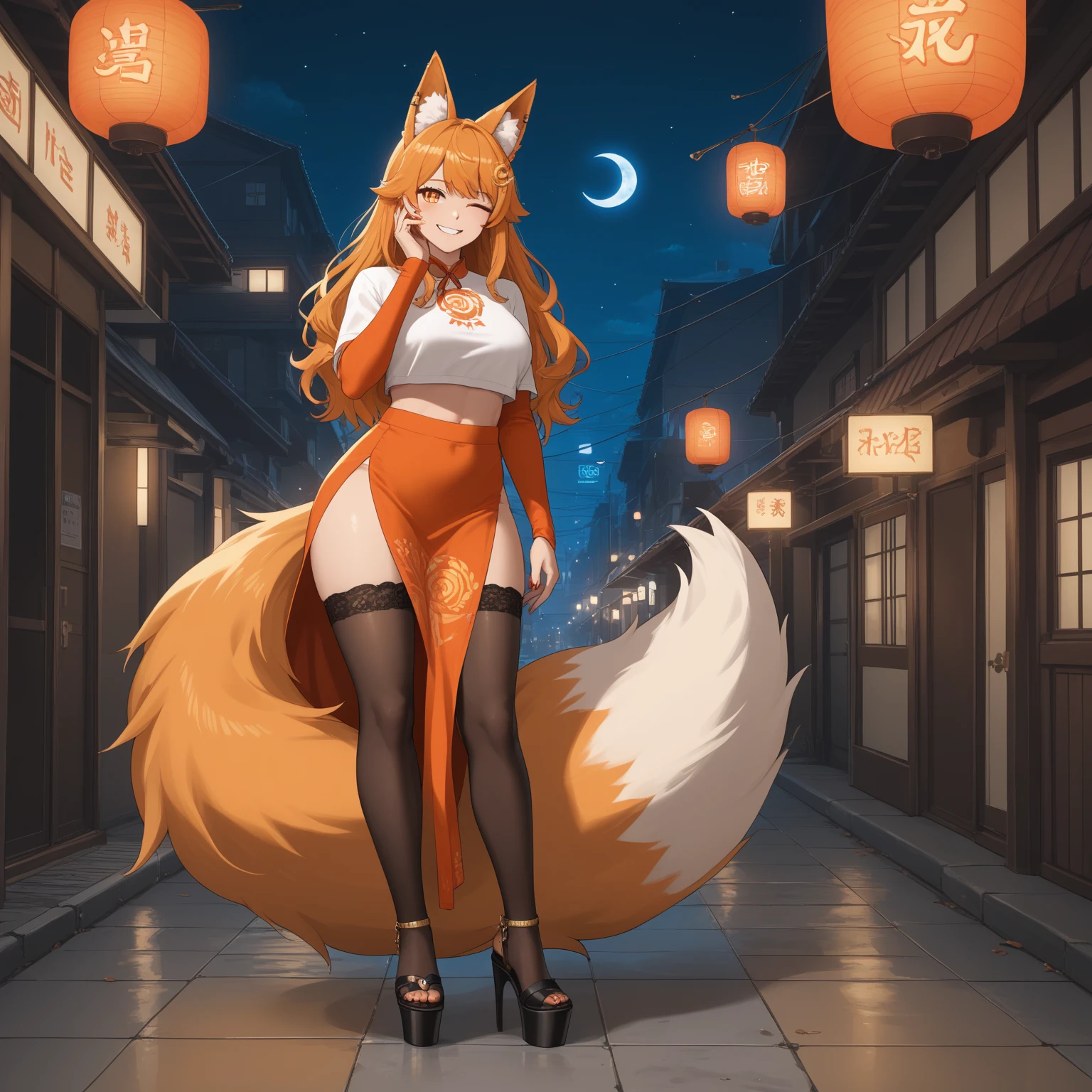 Female skinny flat Fox wearing Chinese dress in the moonlight