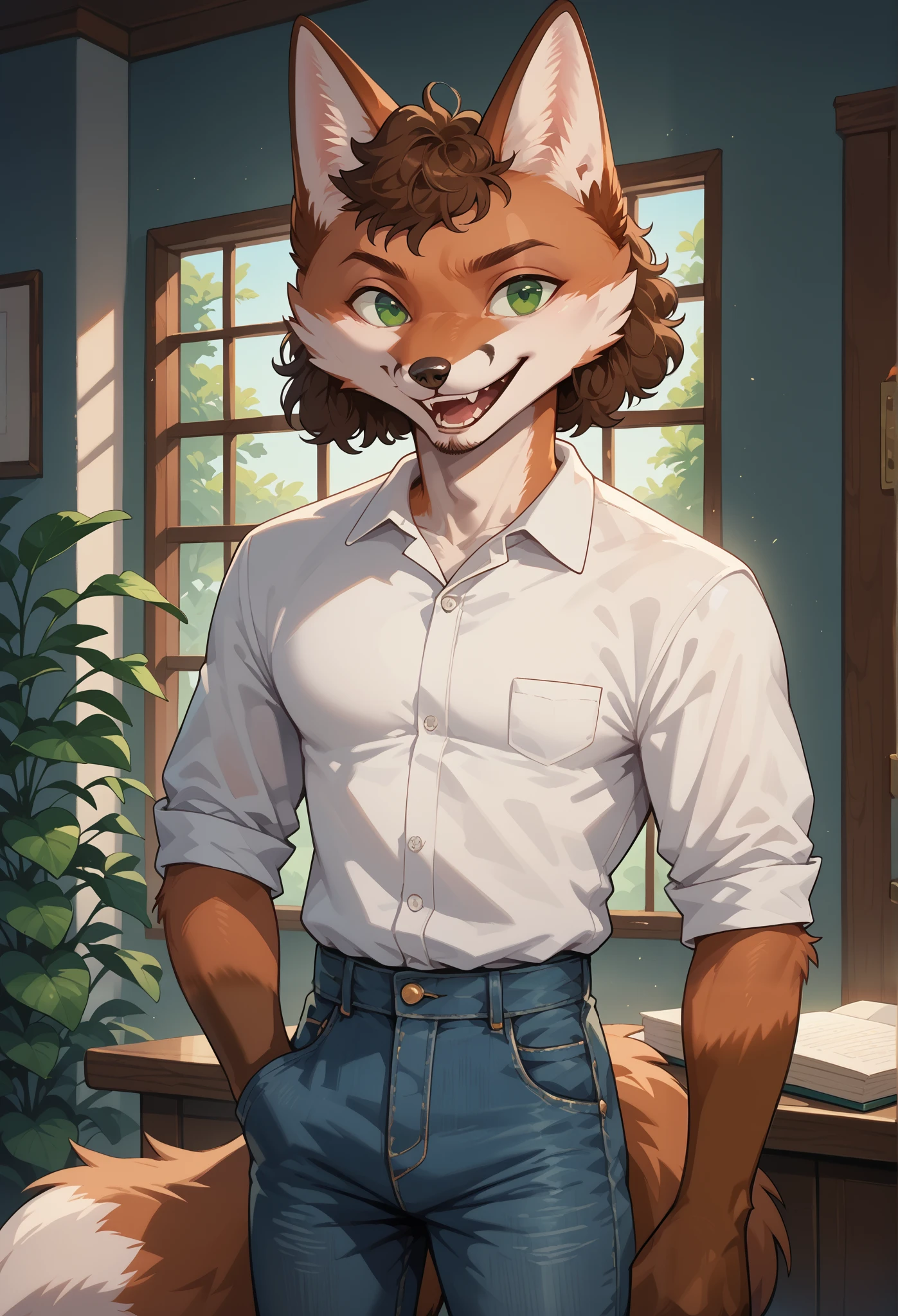 score_9, score_8_up, score_7_up, score_6_up, score_5_up, score_4_up, 1man, solo, Sineki, curly hair, fox male, anthro, brown body, short hair, green eyes, body fur, detailed, beautiful, female, vector, flat colors, 4k, ultra detailed, open mouth, (masterpiece, high quality, best quality, 8k uhd, absurd res, very aesthetic, newest), ((2d, cartoon)), gigachad, muscular, facial hair, smiling white shirt, jeans