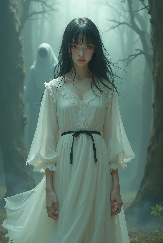 not so scary female ghost wearing second hand clothes