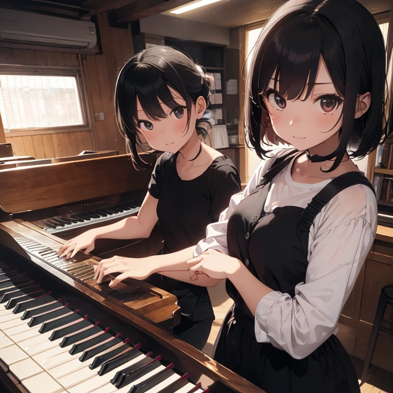 There's a girl there, a piano, and a piano chair.
She plays the piano.
She is 18 old.
She has one eye dark haired.
She has black eyes. 
She smiles.
She is not wearing a mask.
She wears a dark bule and white sailor suit. 
She wears a black blue mini skirt.
She wears white socks and loafers. 
There is green background.