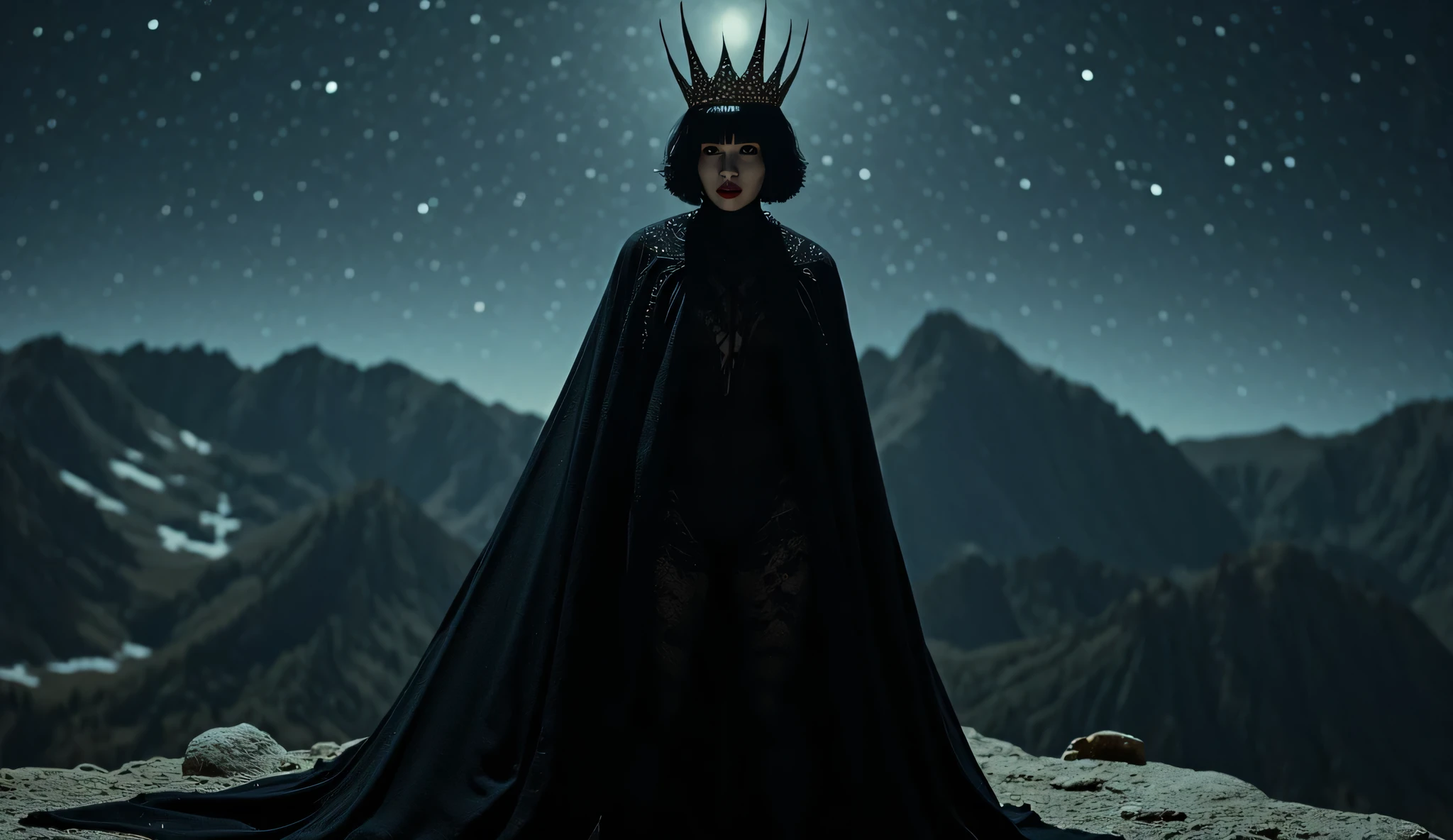 (((The summit of the Dark Mountain at midnight:2.0))),((star々The night sky shines beautifully:2.0)),(((Dark horror atmosphere with a gothic feel:2.0))),(((A long embroidered cloak with the front open on top of a high-leg leotard with the tip of a large, shiny copper sword directed at the viewer:2.0))), standing,((GROUND VIEW:2.0)),One female ghost,((super cute face:2.0)),(Beautiful well-balanced face :2.0),((long hair with bangs:2.0)),(black hair:1.5),(beautiful eyes:1.5),A glamorous shot of a 20-year-old Japanese woman, Slender Beautiful Body ,((model body type:2.0)),((slim body:1.7)),perfect body line,ideal proportions,((big  on the floor:2.0)),((スリーサイズ90-58-86:2.0)),((G cup breasts:2.0)),( popup:1.7),((((Underboob:2.0)))),Bare thighs,Sensual Thighs,delicate body,(Glutinous Flesh:1.7),harmonious posture,((Realistic breast depiction :1.7)),Carefully depicting limbs based on perfect anatomy,((super high-leg leotard in the style of the king of darkness with a copper sword:2.0)),((Super High Leg Leotard made of fitted lace:2.0)),((A long embroidered cloak with an open front over a hi-leg leotard:2.0)),(Black lipstick:2.0),((((Coarse mesh fishnet stockings:2.0)))),(((Copper crown:2.0))),concept art,(top quality:2.0),(masterpiece:2.0),((超high definition:2.0)),high definition,UHD,(Delicate Description), carefully drawn with butterfly wings ,32k,((Realistic Skin Texture:1.5)),(((ultra-realistic:1.5))),carefully draw eyelashes,very detailed face,Highly detailed female hand, Sexy appearance ,very sensual,(Blurry Dim Backgrounds :1.5),professional photo shoot,(movie light:2.0),((Rembrandt-style lights:2.0)