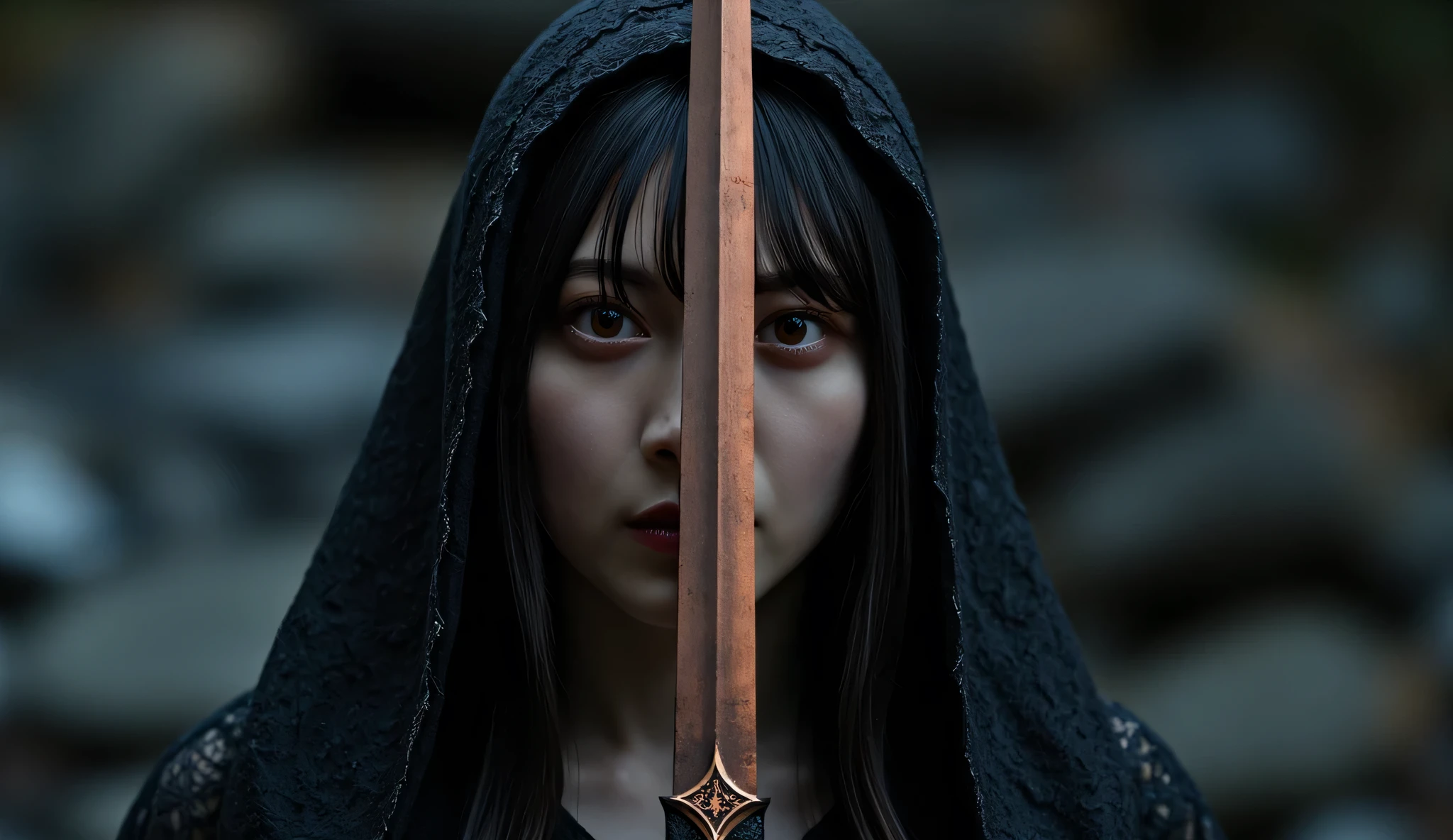 (((The summit of the Dark Mountain at midnight:2.0))),((star々The night sky shines beautifully:2.0)),(((Dark horror atmosphere with a gothic feel:2.0))),(((A long embroidered cloak with the front open on top of a high-leg leotard with the tip of a large, shiny copper sword directed at the viewer:2.0))), standing,((GROUND VIEW:2.0)),One female ghost,((super cute face:2.0)),(Beautiful well-balanced face :2.0),((long hair with bangs:2.0)),(black hair:1.5),(beautiful eyes:1.5),A glamorous shot of a 20-year-old Japanese woman, Slender Beautiful Body ,((model body type:2.0)),((slim body:1.7)),perfect body line,ideal proportions,((big  on the floor:2.0)),((スリーサイズ90-58-86:2.0)),((G cup breasts:2.0)),( popup:1.7),((((Underboob:2.0)))),Bare thighs,Sensual Thighs,delicate body,(Glutinous Flesh:1.7),harmonious posture,((Realistic breast depiction :1.7)),Carefully depicting limbs based on perfect anatomy,((super high-leg leotard in the style of the king of darkness with a copper sword:2.0)),((Super High Leg Leotard made of fitted lace:2.0)),((A long embroidered cloak with an open front over a hi-leg leotard:2.0)),(Black lipstick:2.0),((((Coarse mesh fishnet stockings:2.0)))),(((Copper crown:2.0))),concept art,(top quality:2.0),(masterpiece:2.0),((超high definition:2.0)),high definition,UHD,(Delicate Description), carefully drawn with butterfly wings ,32k,((Realistic Skin Texture:1.5)),(((ultra-realistic:1.5))),carefully draw eyelashes,very detailed face,Highly detailed female hand, Sexy appearance ,very sensual,(Blurry Dim Backgrounds :1.5),professional photo shoot,(movie light:2.0),((Rembrandt-style lights:2.0)