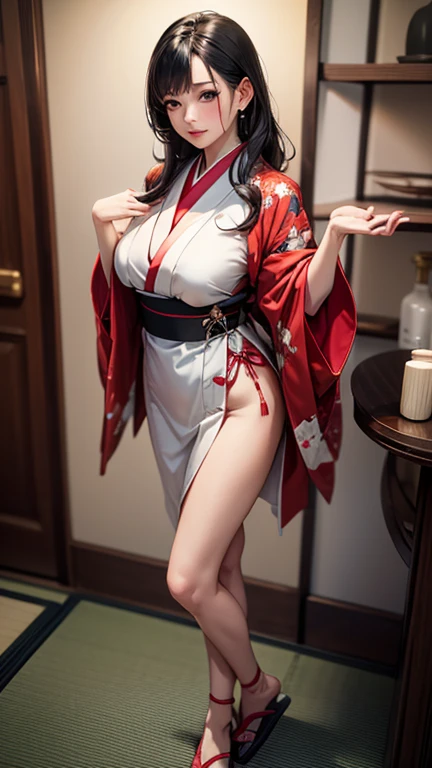 8k, Ultra high resolution, hyper realistic, Woman body set big breasts, cleavage, full body shot, Kimetsu no Yaiba costume, Nezuko Kamado