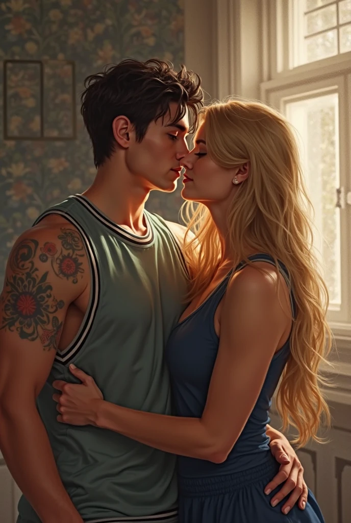 1 woman, 1 men，Hug together，kiss，couple，ambiguous，look at each other，handsome man, stark, Cao Cao, Bblack hair, wearing jeans and a T-shirt, Woman with big breasts，sexly，together，pretty, all-body，standing posture，woman lotus tattoo on arm，wearing shorts and t-shirt, blonde medium hair. Curvy Body，slim waist and thick hips, greeneyes,  Grinning. sensuous 