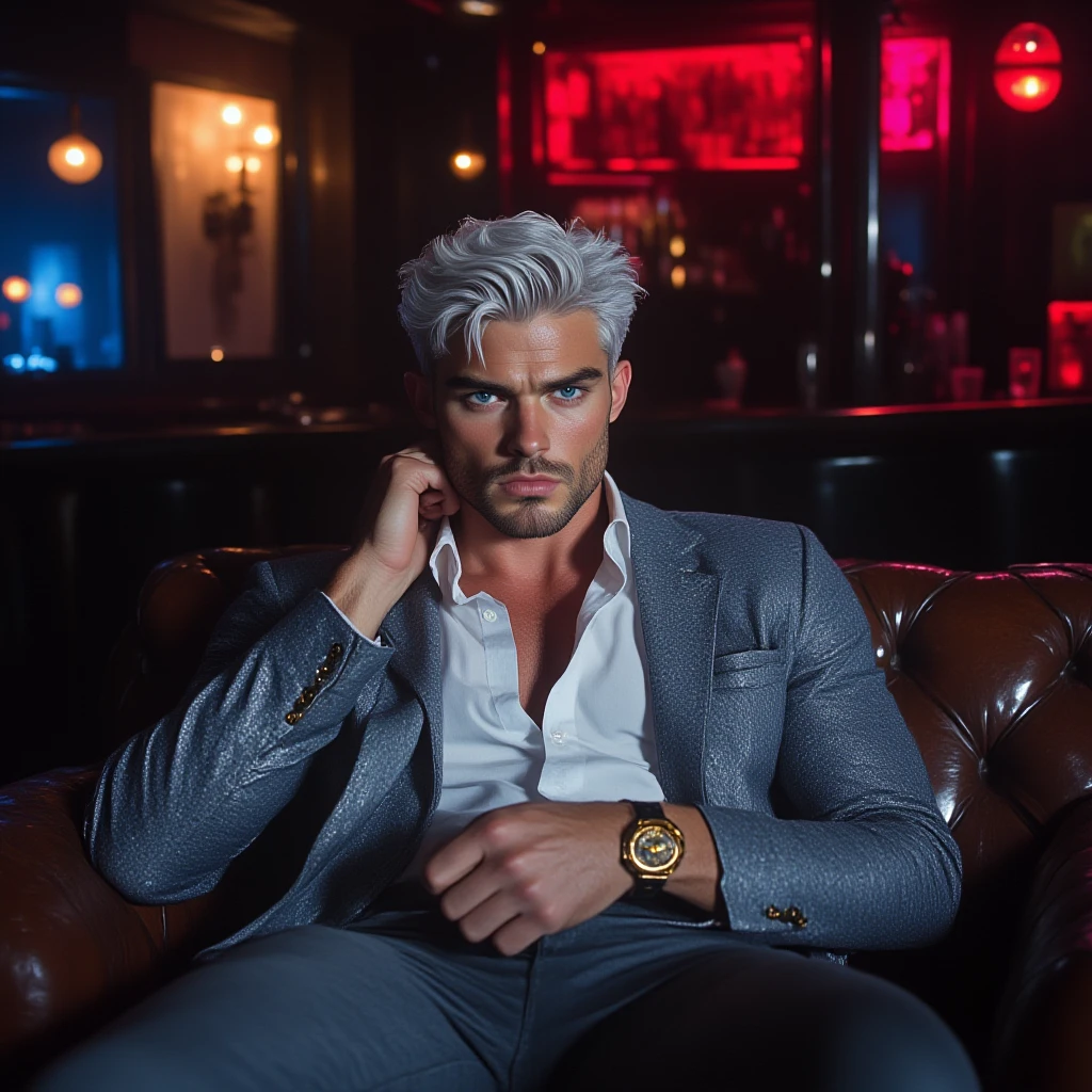 Best quality, masterpiece, ultra high res,detailed background,solo,male,mature,bara,muscular,mature male,silver formal suit,office,salaryman,sitting on chair,plants,looking at viewer,from below,depth of field,, mature male, arm hair, ! Skinny and tall！（Chest hair：1.8） ！ High detail 8K)! ((Realistically)), ! 186 cm! 70 kilograms! Popular clips! ( High-detail 8k ((realistically)), big hairy black areola! , best quality, bright lighting, focus, theater! 35 years old, hairy breasts, thick hair , Reddit, photo realism, gray hainely sculpted eyes！ gray hair！, body perfect blend of organic and artificial,midjourney gray hair！! photo realism, Short hair! Outdoor。Beautiful calves hair!!!