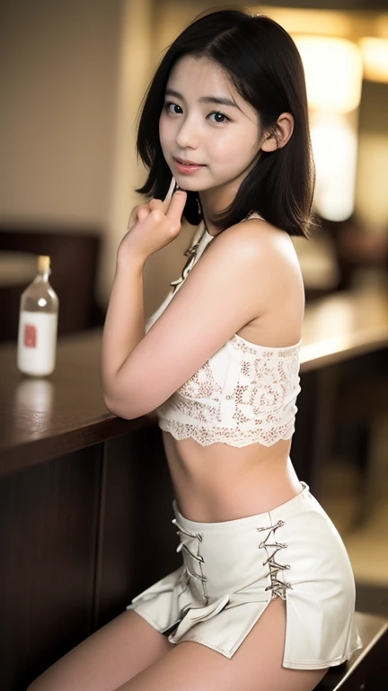 Japan female in her 30s,Perfect face,short-cut,red panties,T back, top-quality、Beautiful big ass、35mm lens,Cowboy Shot、Inside the café,dressed in lace lingerie
