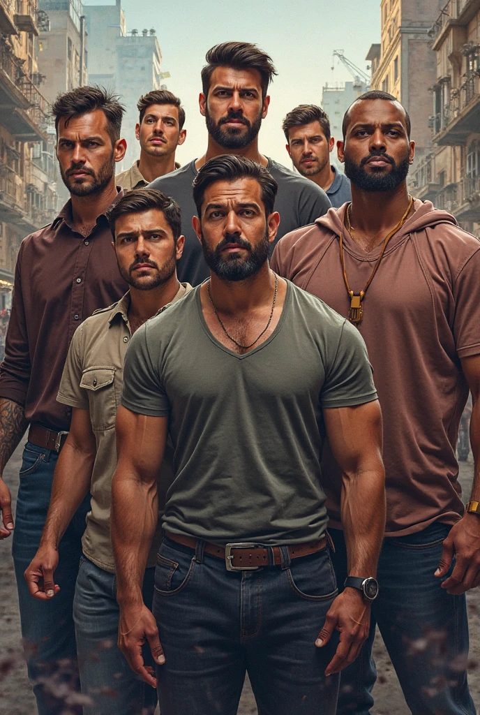 Masterpiece, creat a high resolution Portrait. Druze 5 family young and mature handsome men in a small village as modern turkish wrestlers, hairy, very masculine men ,traditional, hairy chest,druze village,hefty, wisdome, shirtless, trees, exposed, intimate, slim, modeling, weapons, realistic, extremely dynamic action poses, low angle shot.