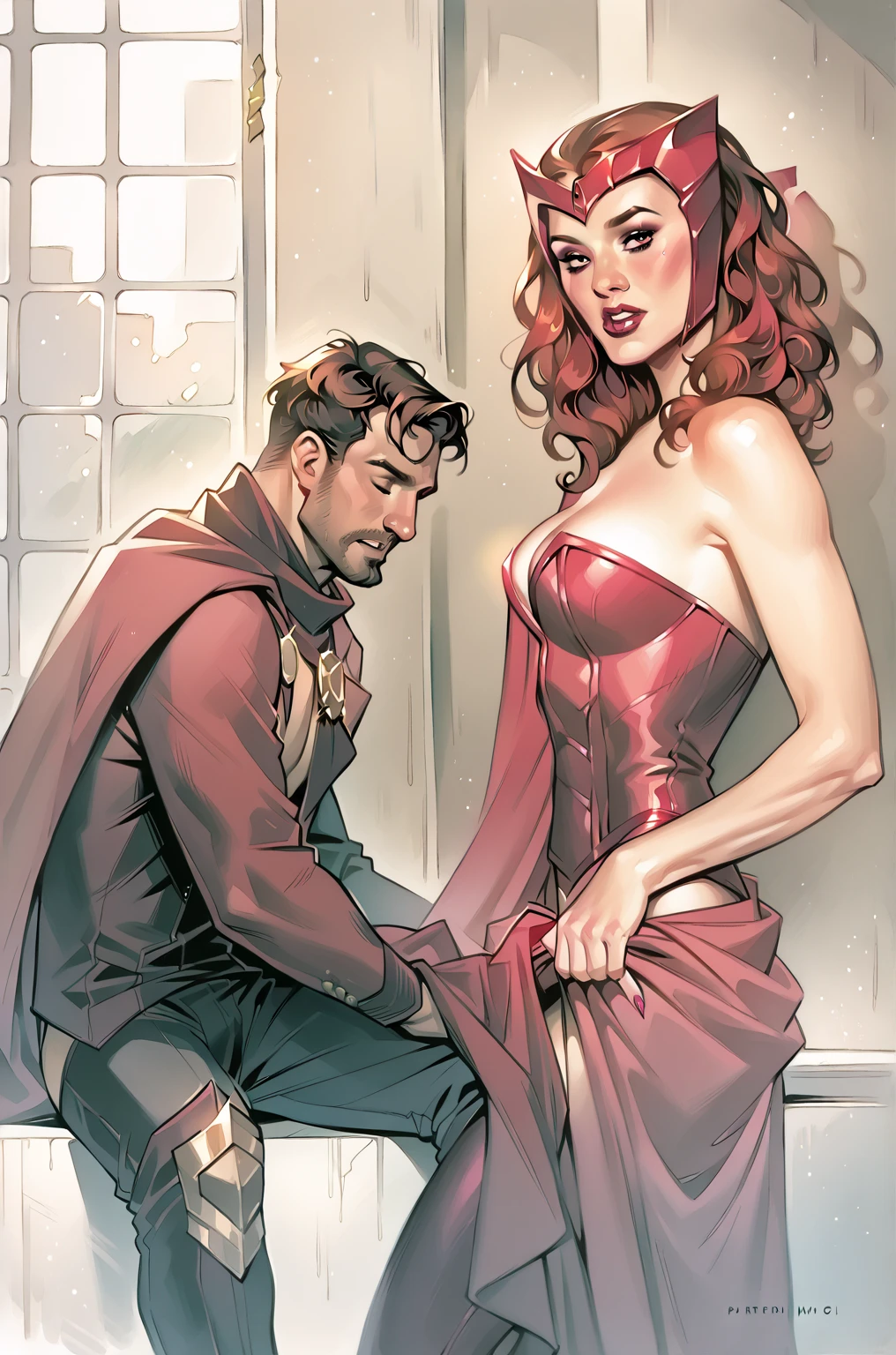 (((Poison Ivy))), (((Superman))), High quality, best quality, masterpiece, (((1boy, 1girl))), (((hetero:1.5))), mature woman, curves, long wavy redhead hair, green eyes. cleavage. (((woman wearing strapless black leotard))), nsfw, (((couple focus))), (((lots of cum, ejaculating huge load))), (((ahegao, screaming orgasm face))), (((handjob, fondling, reach-around:1.3, woman behind man, large breasts)))
