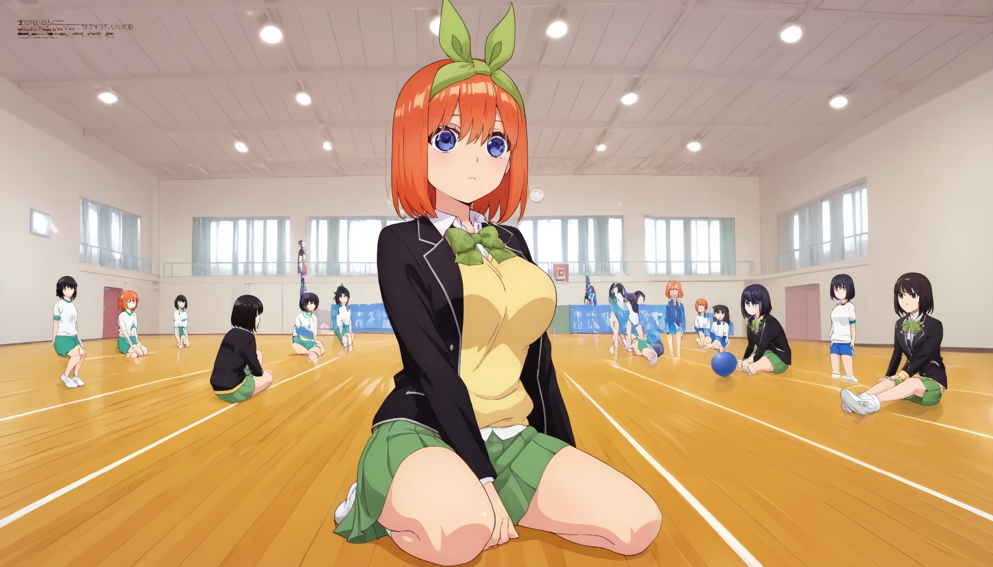 1girl, y0tsuba, large breasts, orange hair, blue eyes, short hair, hair between eyes green bow hairband, black blazer, open blazer, yellow sweater vest, white collared shirt, bowtie, plaid bowtie, green skirt, pleated skirt,y0tsuba, orange hair, blue eyes, short hair, hair between eyes, green bow hairband,Gymn4s3,sitting on the floor grasping one's knees (as in a gym class),,score_9, score_8_up, score_7_up, rating_safe, masterpiece, best quality, absurdres, unity 8k wallpaper, official art, official style, source_anime, uncensored, game cg, megami magazine,taiikukan, indoors, sportswear, multiple girls, indoors, photo background, shorts, ball, 6+girls, ceiling light, black hair, ceiling, stage, wooden floor, gym uniform, sportswear,