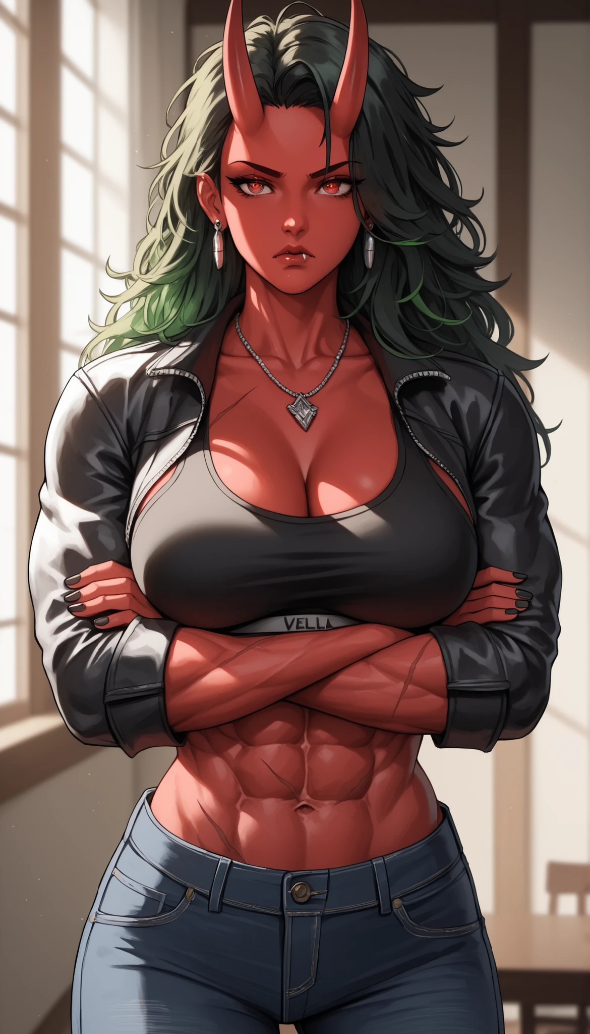 Watercolor, score_9, score_8_up, score_7_up, (Volumetric_lighting: 1.7), (masterpiece), (lora: detailed anime girlsXL), (lora: NoobAI-XL Detailer), (lora: smooth lighting enhancer) (lora: Detailed Background), (lora: NKxXmo's Shaded Face), (lora: SDXL high detailed. LoRA_SDXL_ARW_0010: 0.75), (lora: Waifu Eyes), BREAK inside, lecture hall,
(Demon) 1girl, scars, Oni_horns, Tall, sharp teeth, fangs, red skin, red skinned, (muscular:1.6), muscular_thighs, muscular_arms, long_messy_hair, long hair, Hair_tied_back, black hair (green highlights), black nails, red eyes, angry (narrow eyes, scowl, crazed) standing, arms_crossed, jeans, cropped jacket, necklace, black_sports_bra, earrings, close_up_shot, large breasts, Mature looks, MILF, 8k, (masterpiece), Oni_horns, realistic, high_quality, detail_focused,
Expressiveh