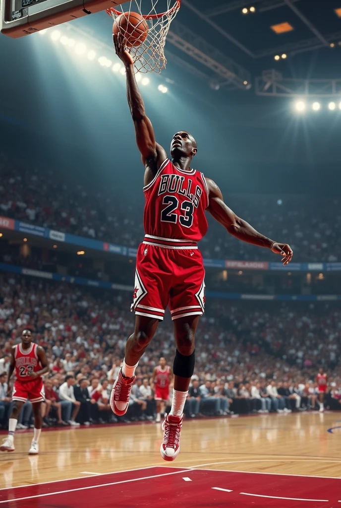 (masterpiece:1.2,Highest quality,Highest quality,High resolution),(Super detailed),(Anime Style),8k,wallpaper,One Man,Black,Basketball Player,Michael Jordan,Detailed face,Sticking out tongue,Chicago Bulls Uniforms,((front)),((Directly above)),((Lean your body back)),(((Jump very high:1.6))),((Look up at the ball)),((Slam dunk motion:1.6)),(((Dynamic Angles),Basketball Court,(((Background Blur))),((From below)),(Basketball Playerトレーディングカード),(((Beautiful trading cards:1.2))),((Special trading cards:1.3)),((Upper Deck inspired design:1.2))
