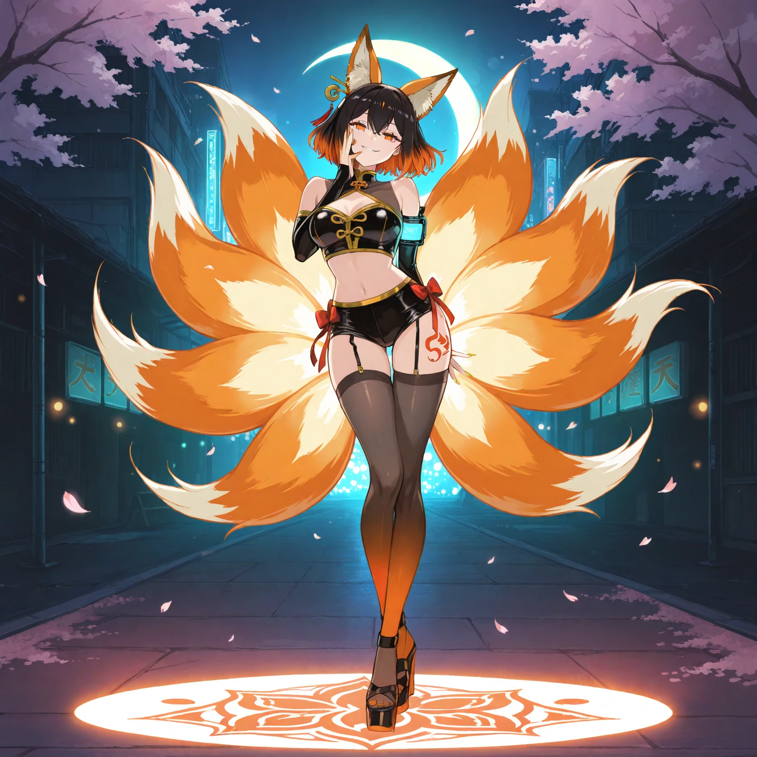 by fluff-kevlar, by ouka, by Kilinah, (((woman, breasts, antrum, extremely detailed, extremely detailed legs, extremely detailed arms, extremely detailed face, perfectly detailed eyes, perfectly detailed anatomy))): 1.2, Ninetales from Pokemon, Ninetales, anthro, male, fox, feral, feral fox, high definition, good anatomy, orange fur, orange body, simple background, highly detailed face, multiple tails, dark lighting, moody lighting, full body, sexy body, slanky body, sexy face, nice, hot, cute, pawpads, paws, showing feet, magical levitating, blushing, friendly smile, smile, friendly, elegant, dark, mysterious, alluring, beautiful, yukata