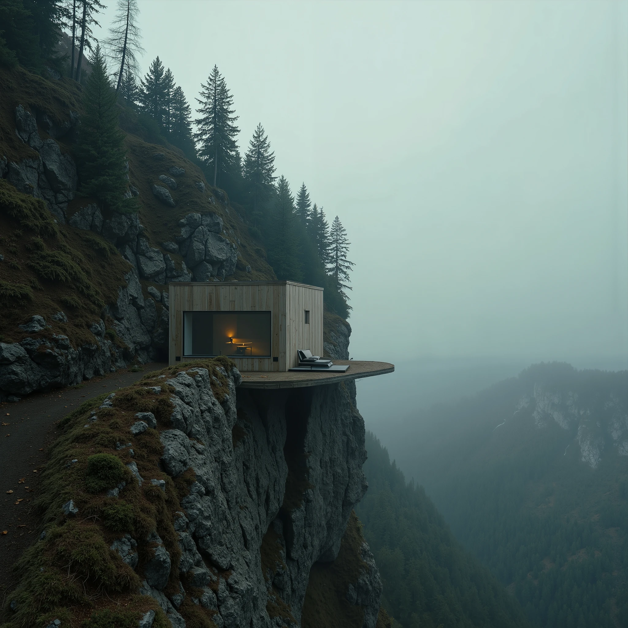 “The Silent Outpost, Spectacular escapism. Paradoxically built with vertigo induced proportions and mind bending perspectives), (Bizarre brutalism), A breathtaking minimalist Japanese avant garde mountain retreat and home pod, (dark minimalist + brutalist architecture), strange & imaginative designs (and epic composition with drone cinematography by Jonny FPV, awe inspiring with a gravity-defying and immersive POV, muted colour analog color palette, (avant garde post-surrealism and brutalist retro futuristic science-fiction aesthetics), dieselpunk, future dark wave, industrial, raw concrete, rule of thirds, intricately built on the verge and clinging to a jagged Scandinavian mountainside—(spectacular perspectives), raw, edgy future tech noir, (dark avant garde brutalism), the future space pod home is composed of gritty raw and exposed metal and futuristic organic materials seamlessly integrated into the rock face.
Designed in the brutalist avant-garde styles of Kisho Kurokawa, Hiroshi Hara, Fumihiko Maki, (dark minimalist architectural design that integrates respectfully within its natural high surroundings and curated with a a gritty atmosphere of openness, it is both a refuge and a haunting anomaly in the desolate wilderness). Surrounded by megalithic mountains, with a dense pine rainforest, a gritty Pale mist coils through the skeletal pines, swallowing the distant landscape, while the last traces of a violent, otherworldly sunset bleed into the storm-laden sky—fiery pinks, reds and oranges fading into abyssal hazy blues. The ominous air is thick with an unsettling silence, broken only by the wind howling through exposed steel beams(neo gothic avant garde brutalism, stylistically sci-fi future design aesthetic. flickering burnt amber interior light suggests life The smouldering atmosphere is drenched in solitude, tension, and the surreal weight of the unknown—an architectural dream on the verge of a nightmare, epic horizon POV, 2k