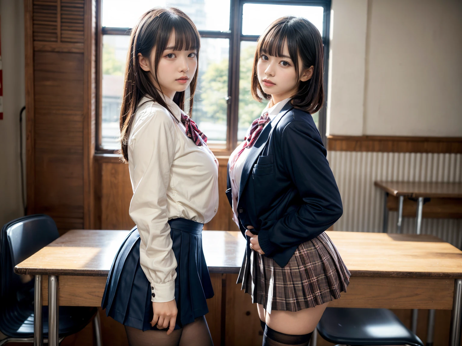 masterpiece, best quality, illustration, Super detailed, fine details, High resolution, 8K,wall paper, perfect dynamic composition,(Details High quality, realistic depiction of eyes:1.3), (2 girls, 2 schoolgirls:1.2), from side, High School Classroom、High school girl uniform、blazer 、Super Short Check Uniform Skirt、Navy blue high socks、garterbelts、Colossal tits、Disturbed uniform, short bob hair, black hair color, huge breasts, Big Natural Color Lip, bold sexy pose, (perfect body shape), crying a little、 Harajuku style、20 year old girl、 beautiful legs, hposing Gravure Idol, Voluptuous thighs