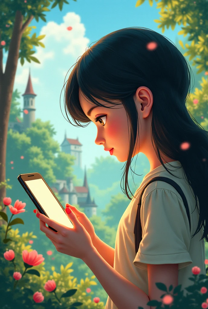 Make such transactions that you can see the screen of this girl's phone so that I can put an ad on it ((Ghibli style))