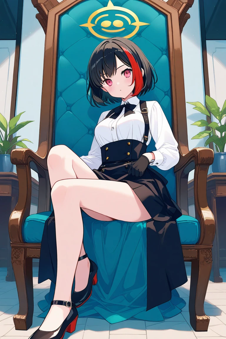 Yor Briar, Beautiful woman in anime style, One girl, red 顔, Mouth closed, Beautiful attention to detail, Highly detailed skin, Backlight, Exposing shoulders, Black background, black dress, black gloves, Black Hair, chest, dress, Earrings, fingerless gloves, Floating Hair, flower柄プリント, flower, gloves, gold Earrings, gold hair band, hair flower, hair ornaments, hair band, Holding, Holding ジュエリー, large chest, Long Hair, View your viewers, off-shoulder dress, Off the shoulder,Red eyes, Long Hairの短い髪, Side Lock, masterpiece, Highest quality, High resolution, Black Hair, View your viewers, masterpiece,Best Quality, One girl, Sitting in a chair, Cross Leg, office, Show me your legs, Sole, Leg spread, Or a foot with toes