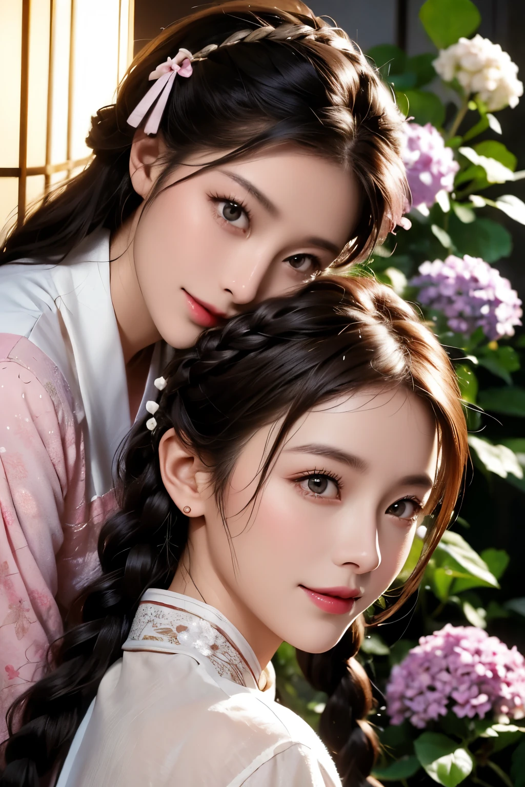 masutepiece, best, Night, fullmoon, 1 female, Mature Woman, Chinese style, Ancient China, Older sister, Royal sister, Smile, dark brown hair, Dark hair, Princess Cut, braid, Curly hair, Double ball head, pale pink lips, Calm, Intellectual, Medium Hair, green pupils, Hairpin, hydrangeas, Delicate face, Face Close-up, Hand close-up
