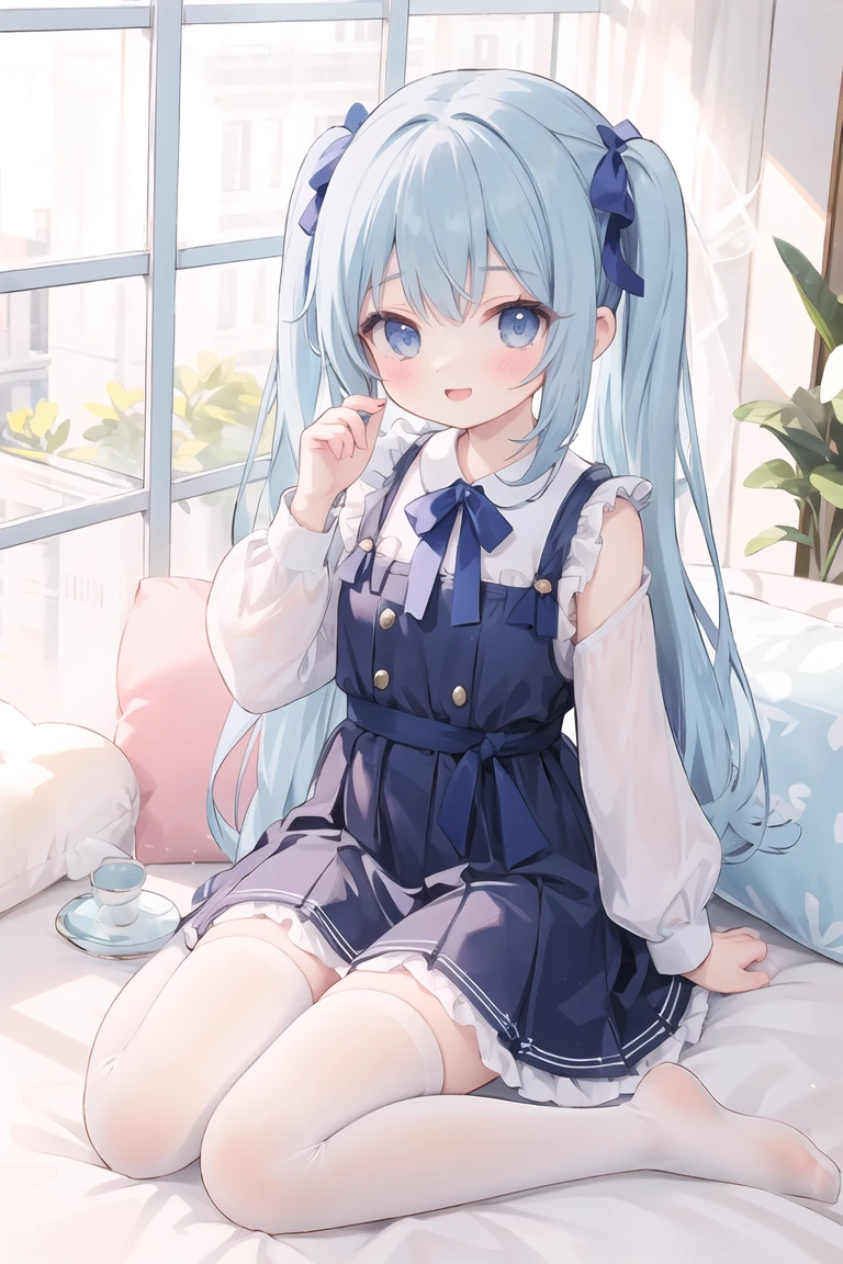 Young Girl、Short pigtails、Light blue hair、Holding a stuffed toy, Surrealism, cinematic lighting, UHD, high details, best quality, highres, 16k