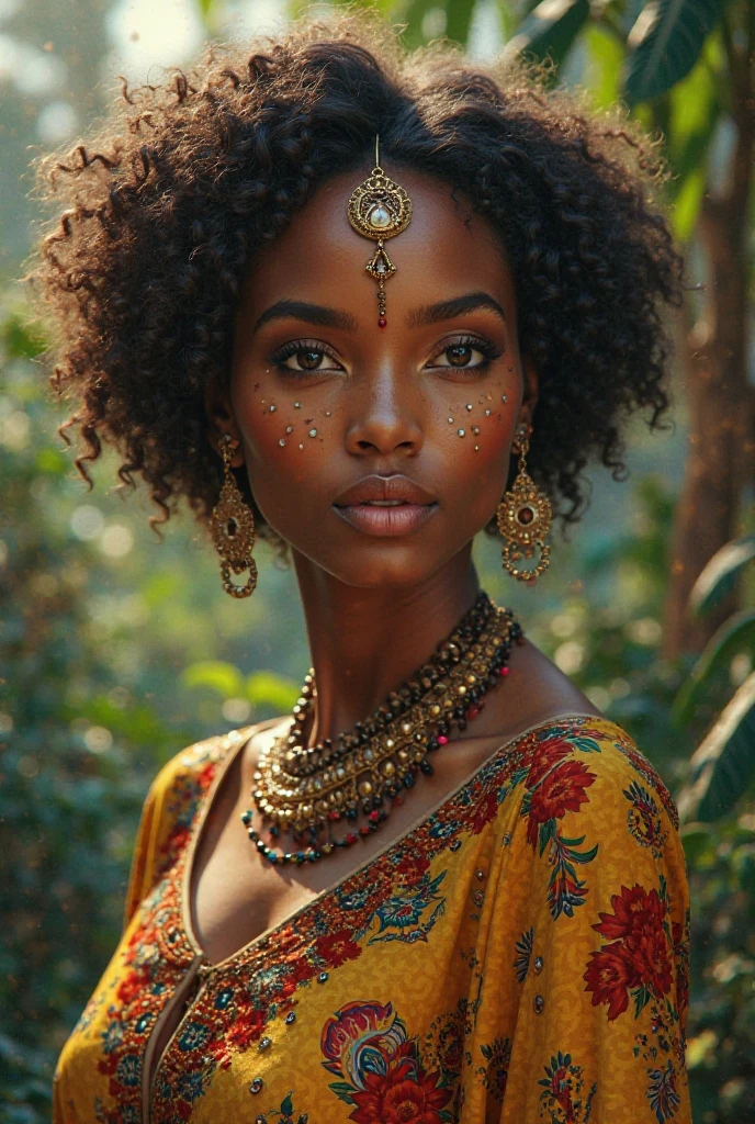 Create the image of the goddess of love from Brazilian indigenous culture, skin black, sultry posing.