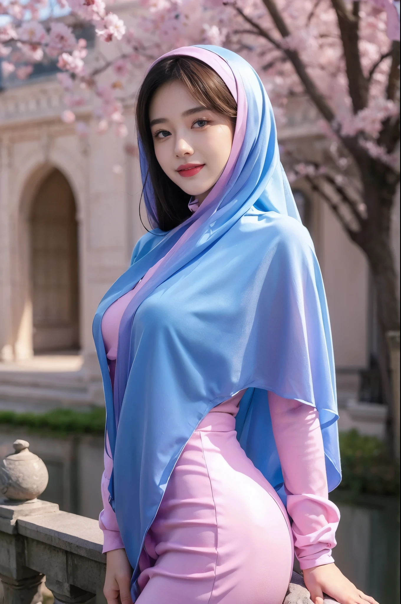 Realistic, 1girl, wearing hijab, purple eyes, glowing eyes, cropped top, skirt, parted lips, blush, night, flowers, sun, sunlight, white skirt, short skirt, hijab, real, warm colors, white short Dress, white clothes, light background color, floral background, day environment, bright color background, saudi, ocean, cute, malay, ((emma maembong face)),
