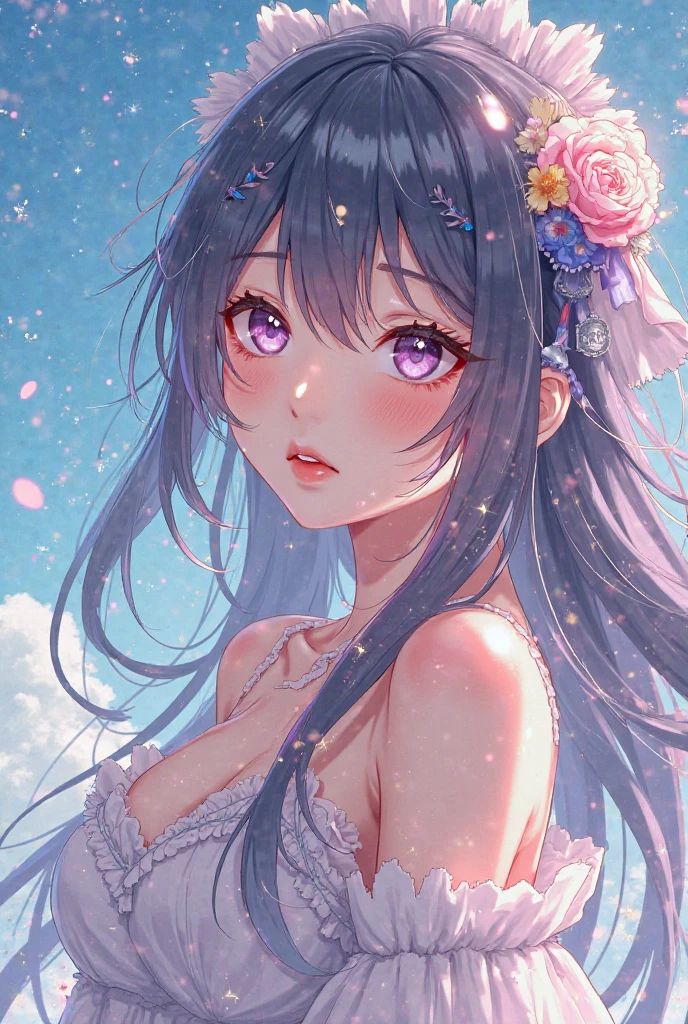 Highest quality、Very detailed、Beautiful girl、Beautiful cleavage、Hair with a blue and black gradient、Beautiful expression、cute、pop、colorful