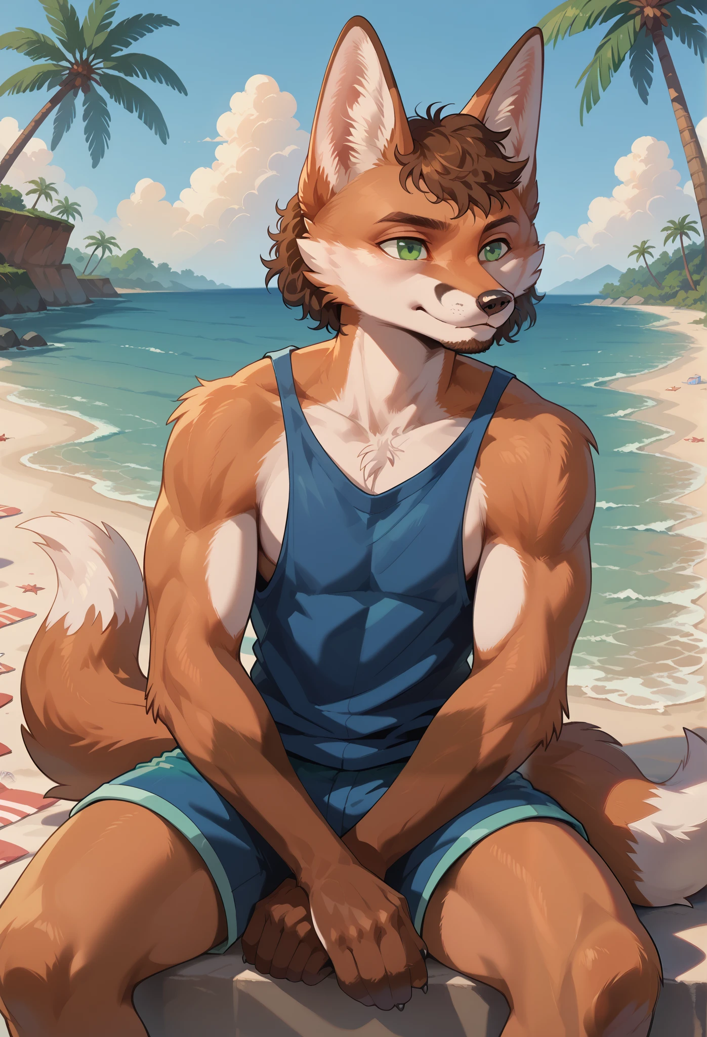 score_9, score_8_up, score_7_up, score_6_up, score_5_up, score_4_up, 1man, solo, Sineki, curly hair, fox male, anthro, brown body, short hair, green eyes, body fur, detailed, beautiful, female, vector, flat colors, 4k, ultra detailed, (masterpiece, high quality, best quality, 8k uhd, absurd res, very aesthetic, newest), ((2d, cartoon)), gigachad, muscular, facial hair, beach, palm tree, swimming trunks, sitting on ground