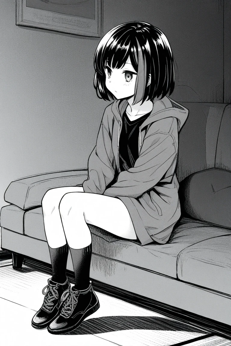 (expensive body, expensive, Long legs, mature female, mature, Adult:1.2), It is_hang on_nobara, 1 Girl, Kugisaki Nobara, alone, Brown Hair, Brown eyes, short hair, , Portraiture, Mouth closed, bangs, Looking at the audience,Wearing a black hoodie,Sit on the stairs,Cheek resting on hand,(Line art:1.8),
