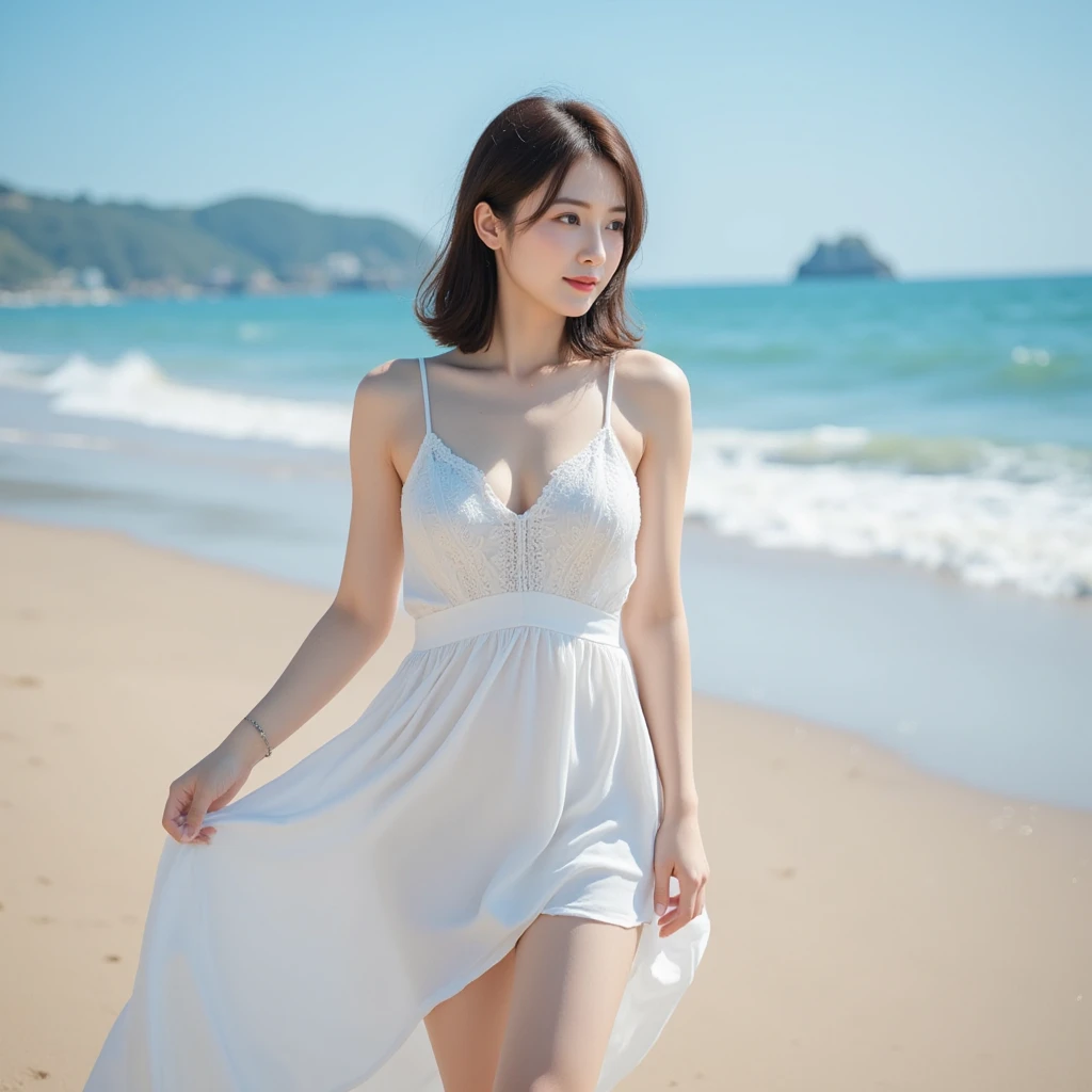(超realisticな)、(High resolution)、(8K)、 (very detailed)、(Ultra clear skin pores)、(highest quality、masterpiece:1.3)、Beautiful girl in white dress、1 female、Full body Esbian、ultra holder expansion、green eyes、、small ass、night、starry sky、meteor、Stroll along the sandy beach、blue sea、distant horizon、Distant islands々、into the cloud、Mid summer、(no:1.5), close, masterpiece, highest quality, Raw photo, realistic, face, incredibly stupid solution, written boundary depth, High resolution, Super detailed, small details, very detailed, 非常に詳細な目とface, sharp pupils, realisticな生徒, fix sharp focus, cinematic lighting