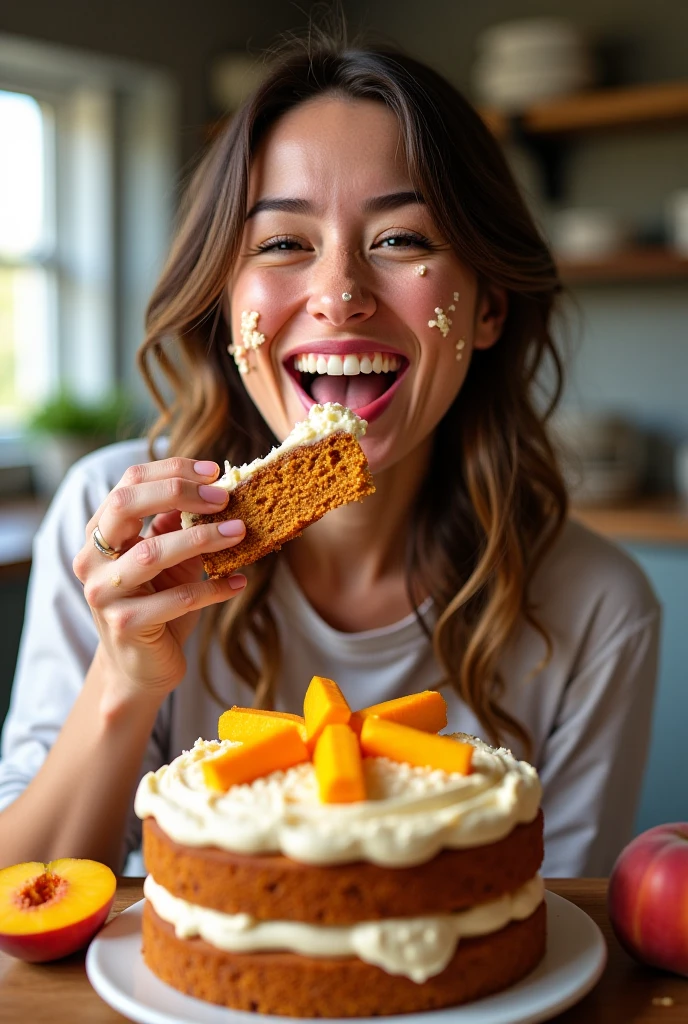 Draw a picture of a happy woman eating a lot. hyper realistic