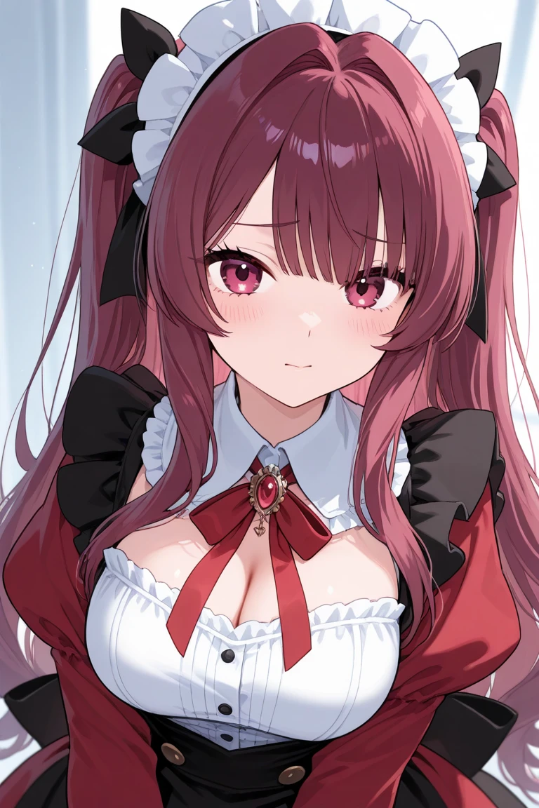 rating:safe, red_hair, 1girl, twintails, long_hair, red_eyes, smile, solo, looking_at_viewer, blush, indoors, bangs, ribbon, bare_shoulders, very_long_hair, detached_sleeves, eyebrows_visible_through_hair, window, closed_mouth, bow, choker, dress, hair_ribbon, hair_bow, black_ribbon, breasts, white_sleeves, table, long_sleeves, black_bow, collarbone, upper_body