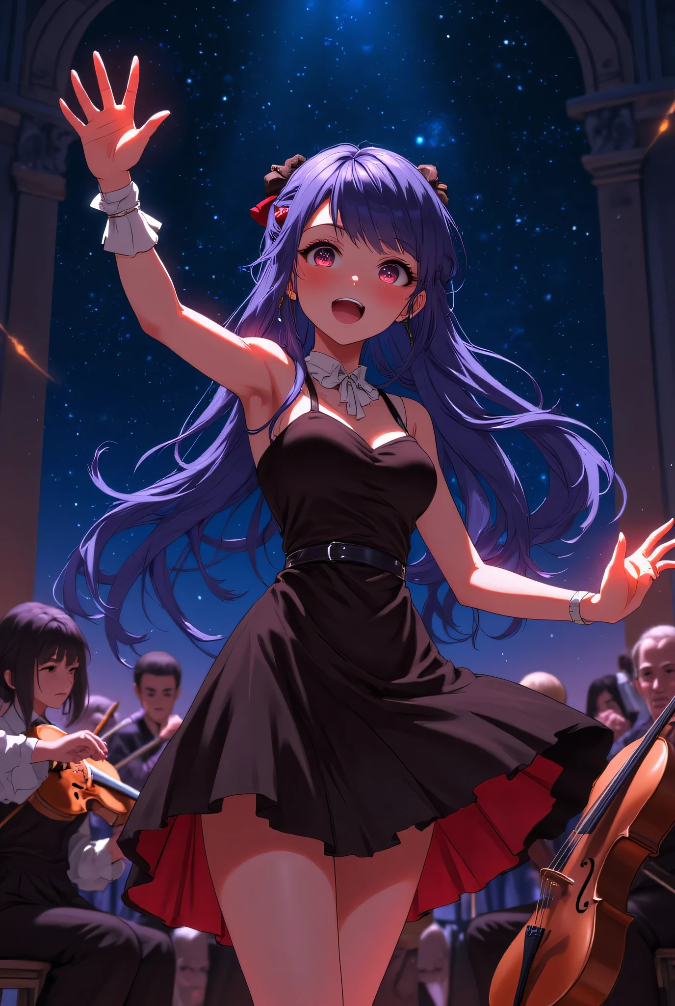 Orchestra concert,
A female conductor is enthusiastically waving her tact,
outdoor,starry sky,midnight,

(masterpiece:1.2), (best quality:1.2), (amazing quality:1.2), (beautiful eyes, detailed eyes:1.2), cinematic shadows, cinematic angle,
Varesa Genshin Impact, kawaii, cute, 