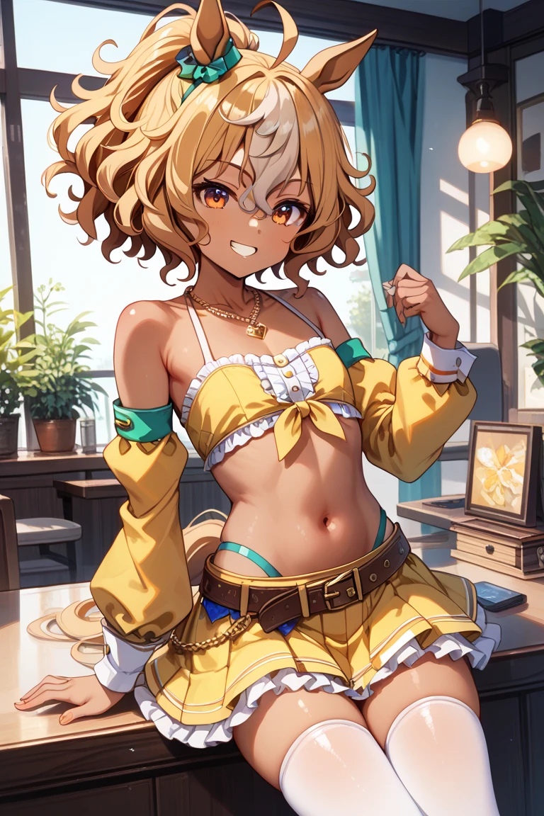 Woman((18year old)), hair((pink, short, wavy)), green eyes, clothes((frilly, bikini, yellow bumblebee)), accessories ((chocker, earrings, hair clip)), small breast, small boobs, smiling, background,