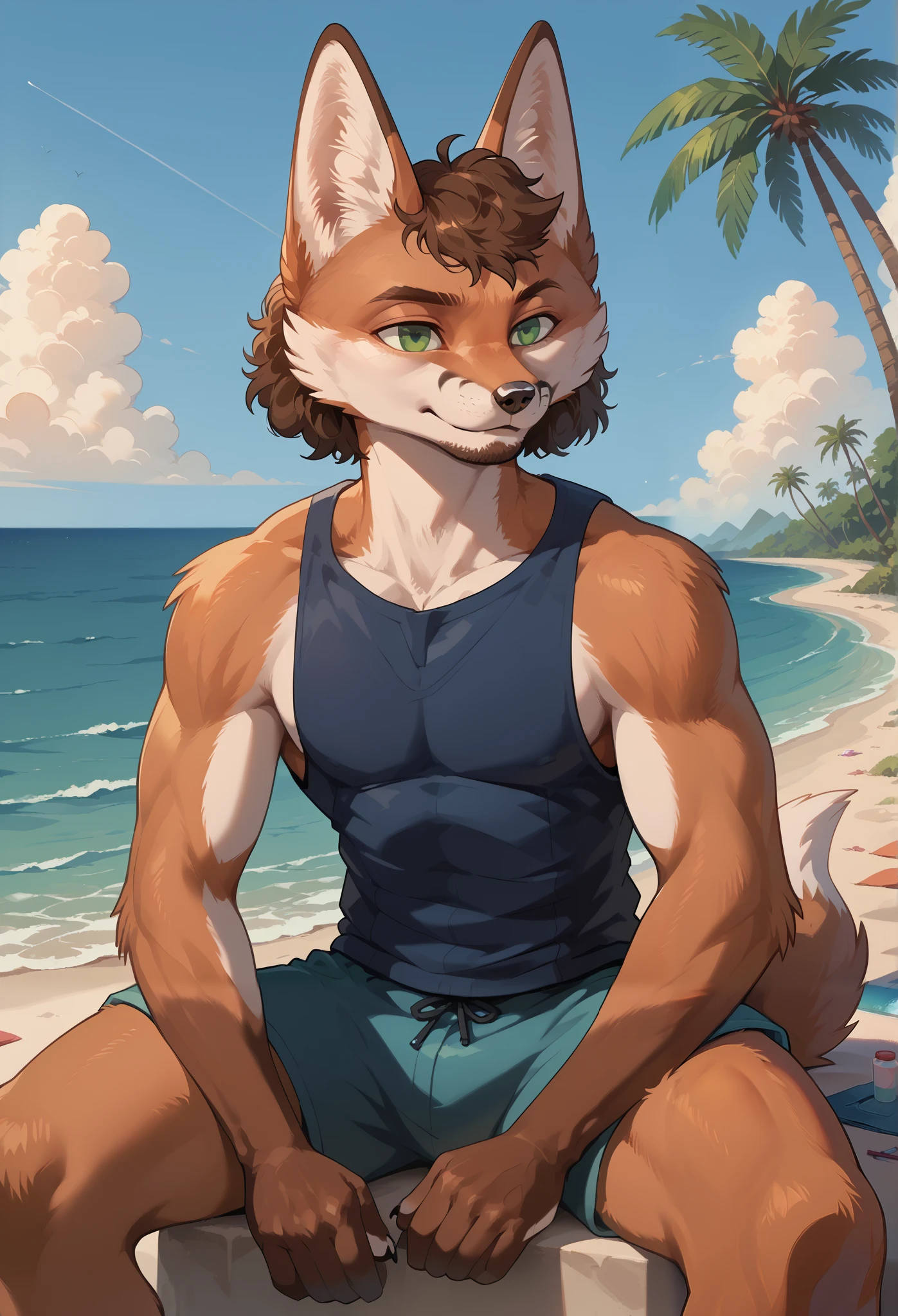 score_9, score_8_up, score_7_up, score_6_up, score_5_up, score_4_up, 1man, solo, Sineki, curly hair, fox male, anthro, brown body, short hair, green eyes, body fur, detailed, beautiful, female, vector, flat colors, 4k, ultra detailed, (masterpiece, high quality, best quality, 8k uhd, absurd res, very aesthetic, newest), ((2d, cartoon)), gigachad, muscular, facial hair, beach, palm tree, swimming trunks, sitting on ground, monochrome, black and white