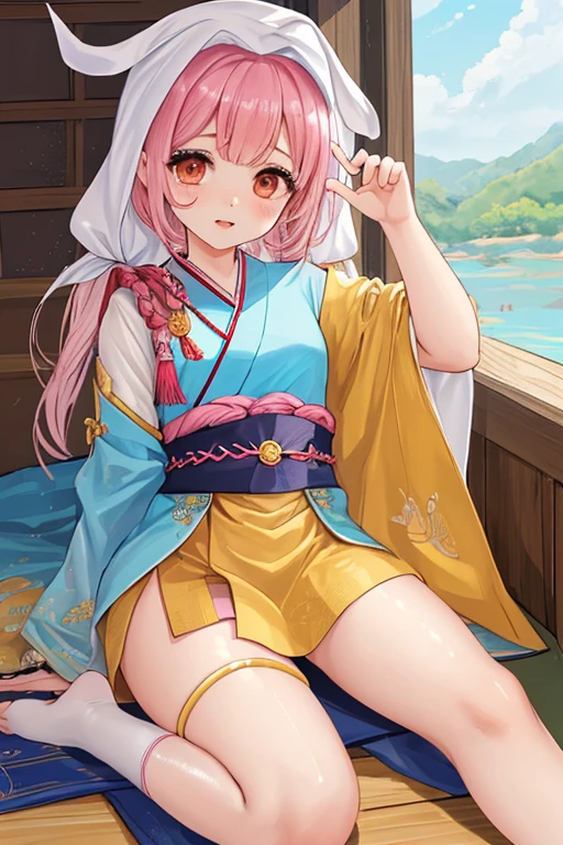 (extremely details CG), (Best Quality), Perfect face, Shiny skin, Lustrous skin,wide hips, 1girl in,Solo , Okitasoji Temple,Bangs,Obi, White kimono, black thighighs, Yellow eyes,black thighhighs , Short kimono, Black bow, Black scarf, Short hair, Ahoge, scarf, Blonde hair, hair bows,Bow, Kimono,Komono,embarrassed from、red blush、(Skirt lift:1.3), (white panties:1.3)、(Skirt that rolls up:1.3)、(Fully exposed panties:1.5)、(Twisting the skirt with both hands:1.3)、bare shoulders、bare elbows、Bare hands
