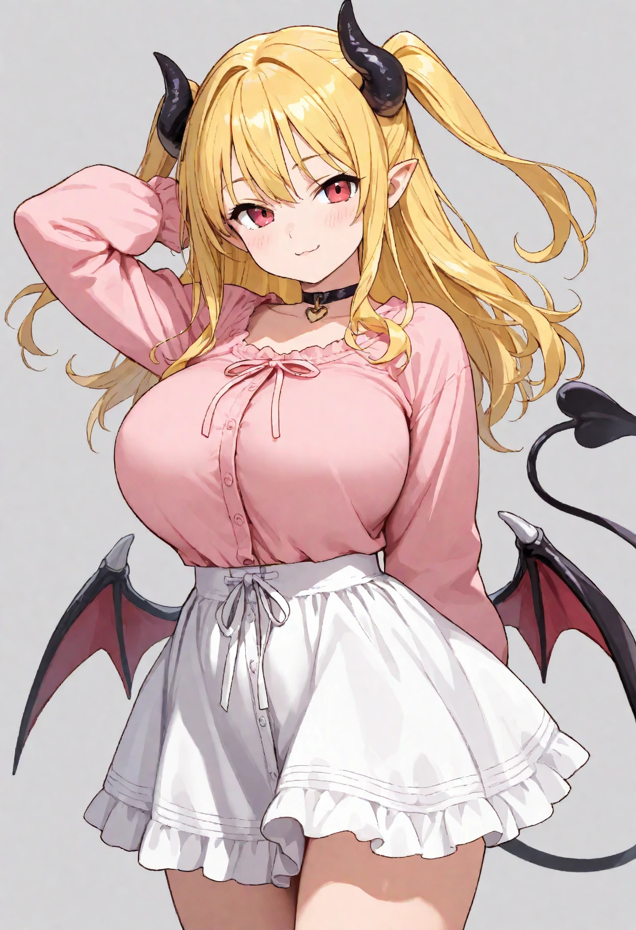 CHOCOBASE, HORNS, LONG HAIR, GRADIENT HAIR, BLUE EYES, DEMON WINGS, DEMON TAIL, PINK SHIRT, SLEEVELESS, FRILLS, COLLARBONE, CLEAVAGE, BREAST TATTOO, BLACK SKIRT, PENCIL SKIRT, BLACK THIGHHIGHS, LACE TRIM, GARTER STRAPS
