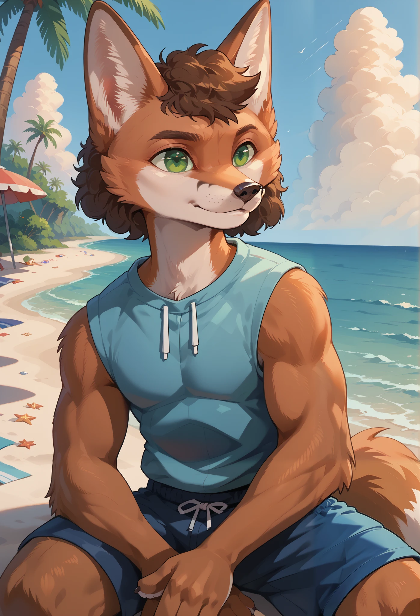 score_9, score_8_up, score_7_up, score_6_up, score_5_up, score_4_up, 1man, solo, Sineki, curly hair, fox male, anthro, brown body, short hair, green eyes, body fur, detailed, beautiful, female, vector, flat colors, 4k, ultra detailed, (masterpiece, high quality, best quality, 8k uhd, 4fingers, absurd res, very aesthetic, newest), ((2d, cartoon)), gigachad, muscular, facial hair, beach, palm tree, swimming trunks, sitting on ground