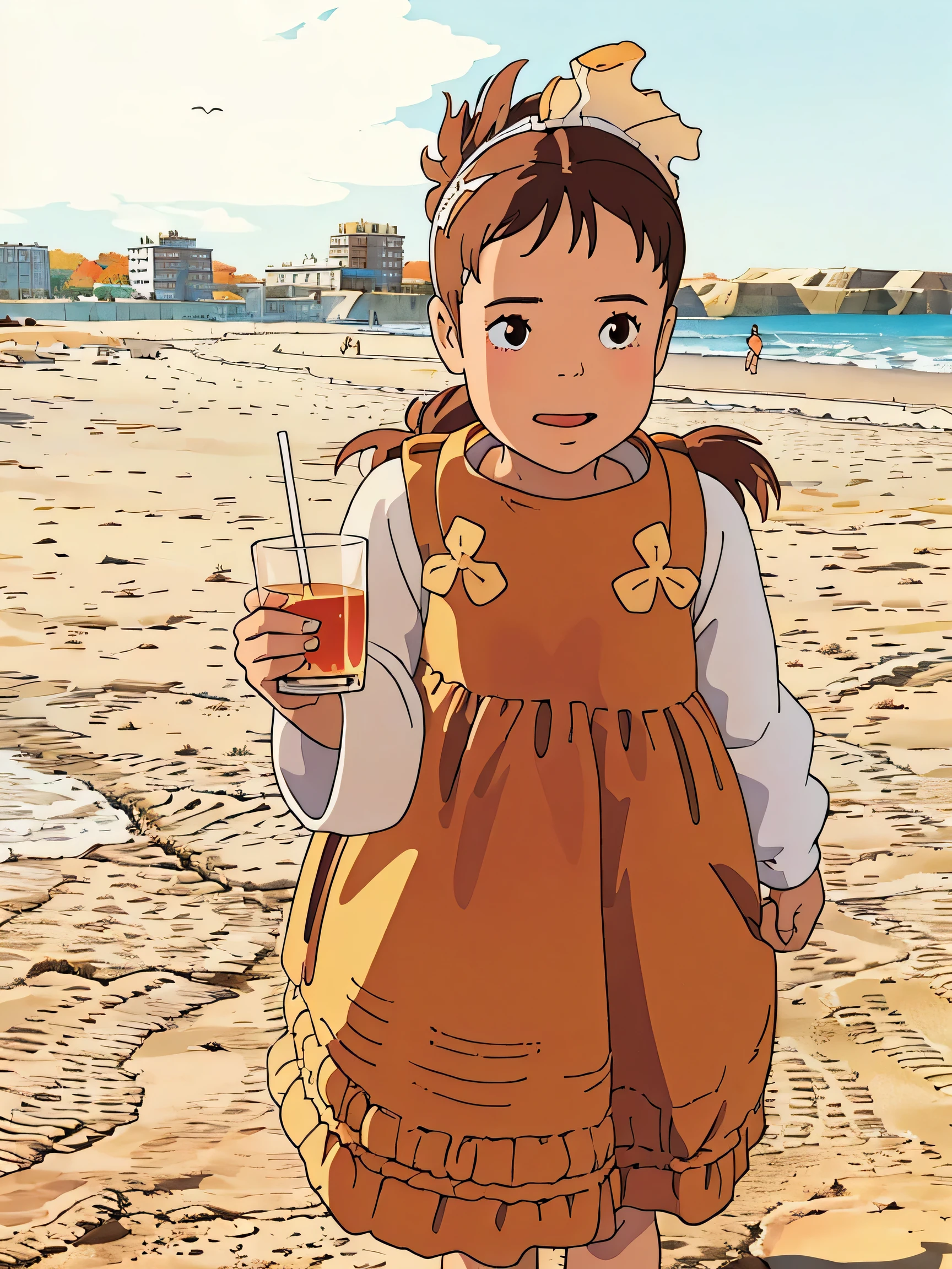there is a holding a cup and a drink on the beach, 🍁 cute, , 🍂 cute, wearing wheat yellow gauze, standing near the beach, cutest, near the sea, near the beach, ocher details, at the beach, at the desert, organic dress, on a sunny day, medium portrait, in desert, medium full shotghibli style, ((masterpiece)),((best quality)),(detailed),Illustration,8k,colorful, high contrast