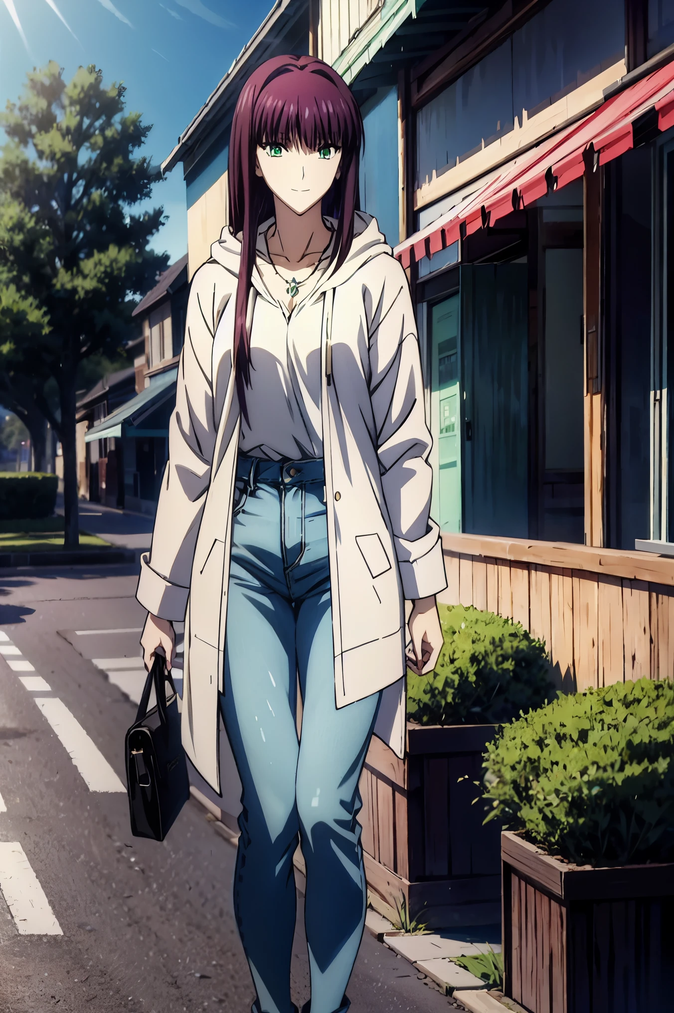 Makima (Chainsaw Man) , skasaha ( destiny/ need a grand order) , Reika Shimodaira , nothing , Very delicate and beautiful CG illustration of wearing a coat and skirt , 最high quality , Realistic Feeling , Realistic Fabric , REALISTIC TEXTURE , beautiful thighs , big chest thin waist , (((masterpiece))) , (((最high quality))) , 8k , 32K , masterpiece , beautiful and charming anime woman , ultra definition , ultra details , high definition , のYu Zhiding , masseter area , 最high quality , high quality , high image quality , high qualityテクスチャ , high qualityシャドウ , high detail , Finely Details , 1 girl , solo , I , is tall , AS-Adult , adult atmosphere , Leg length , Beautiful long legs , 8 heads , statue :171cm , mature girls , 赤紫色の髪 , 赤紫色の髪 , purple hair , Smooth Silky Hair , colorful hair , straight hair , smile , smiling happily , enchanting look , Bewitching looks , かわいいsmile , かわいいsmile , Cool Beauty , beautiful woman , pretty face , Beautiful realism , beautiful hair , Necklace , Jade Neck Accessory , Smile , colorful eyes , green eyes , Jade Eyes , beautiful eyes , bright eyes , Delicat eyes , eyes like jewels , Jade Eyes , droopy eyes , (green eyes:1 . 5) , attractive face , viewers , MYSTICAL ATMOSPHERE , フード付き白hoodie , JINS , jeans , blue pants , Daytime , TAKE OUT , Building Street , handbag , movies , Outdoors , beautiful lighting arranged in an orderly manner , Attractive Details , anime style , hoodie , Casual clothes , ((ブラック ローライズ スキニー ロング jeans)) , hooded sweatshirt , ((trainers)) , hoodieジャケット , stroll , Building Street , sunlight , blue sky , standing , garden , Model Photo , Makoto Shinkaianime style , cowboy shot , Makoto Shinkai ,
