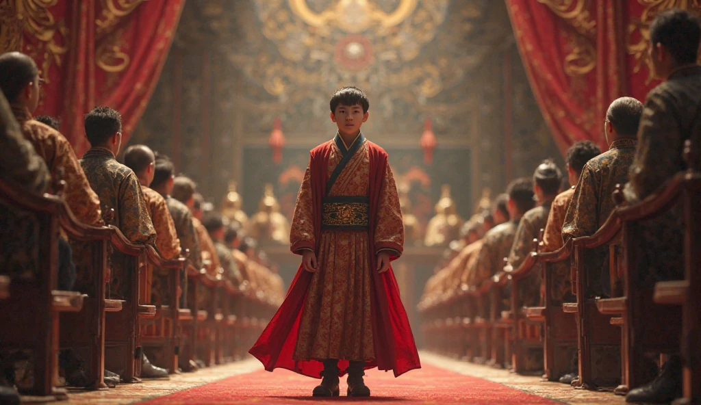 Close-up shot, extremely Low angle shot, (A young boy of 13, with a determined expression and regal posture, dressed in intricate silk robes adorned with golden dragon motifs, sits on an ornate throne made of dark, polished wood. His youthful face is serious beyond his years, eyes sharp as he surveys a grand hall lit by flickering torches. The backdrop is a vast stone palace with towering columns, intricate carvings of mythical creatures, and banners bearing the emblem of the Qin dynasty. The atmosphere is tense, filled with the weight of destiny) unreal engine, cinematic, hyper-real, highly detailed, Ultra realistic HD --q 2 --v 6.1 --ar 9:16  