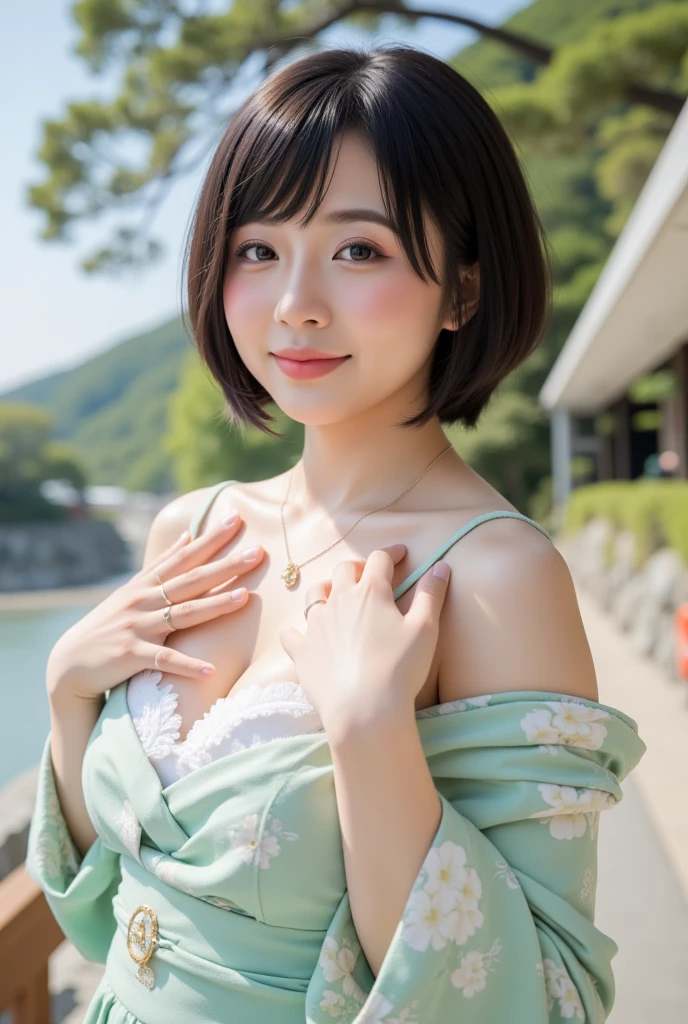Highest quality、Full Body Shot、Ultra-high resolution、(reality:1.4)、Raw photo、(Girl in floral yukata:1.2)、Summer festival、night、stall、Large fireworks、short hair、8k、(Raw photo: 1.2)、(realism: 1.4)、(Exquisite details: 1.2)、Delicate and beautiful details、(Eye details)、(Facial details)、(Highest quality):1.4)、(Super Resolution: 1.2)、(High-definition illustrations)、Highest quality、Super Resolution、Natural Shadows、Random cute poses、Large Breasts、Five fingers、Big smile、(While stuffing your cheeks with bite-sized takoyaki:1.2)、(日本のSummer festival:1.2)、