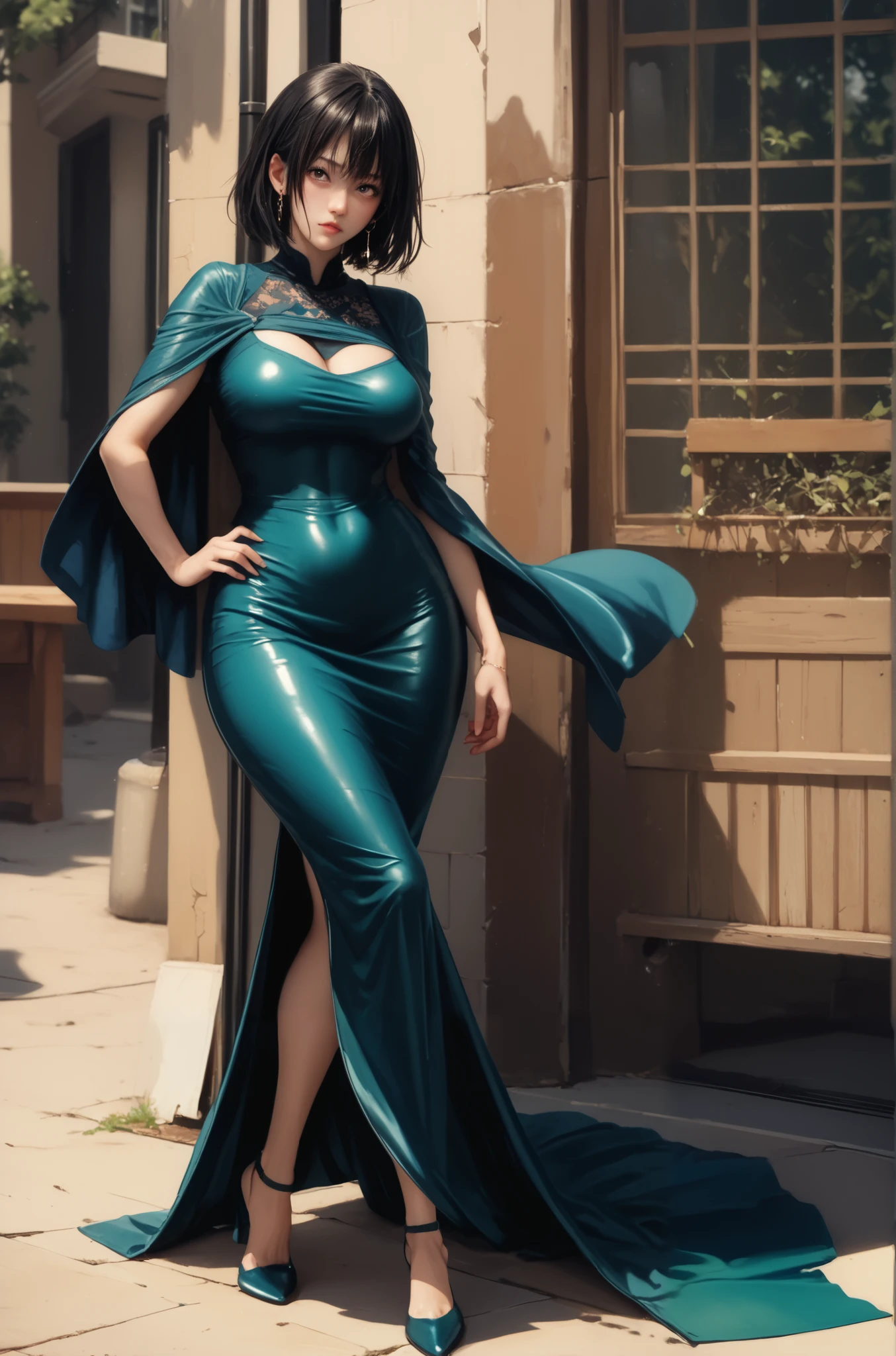 ((最high quality, 8K, masterpiece: 1.3, Ultra HD, high quality, 最high quality, High resolution, realism)) 、22-year-old Caucasian female、Hair color is reddish、hair is wavy、Eye color: blue、long hair、slender、smile、slenderだが均整の取れた細マッチョな身体、Wearing accessories on your wrist、put anklet on ankle、Wearing red nail polish、I have a peticure、bodycon dress((body conscious dress))wear、wearing stiletto heels、smile、Pastel green background、sexy pose、smile