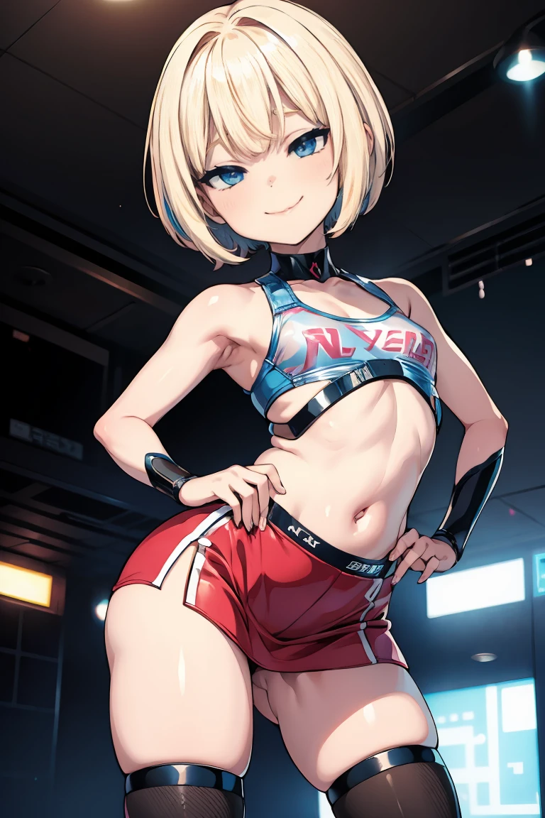 cammy white, short hair, antenna hair, blue eyes, scar on cheek, large breasts, black choker, collarbone, blue jacket, cropped jacket, open jacket, sports bra, midriff, fingerless gloves, black gloves, ((high cut thong lingery sexy)),light smile,ambient lighting,full body shot,