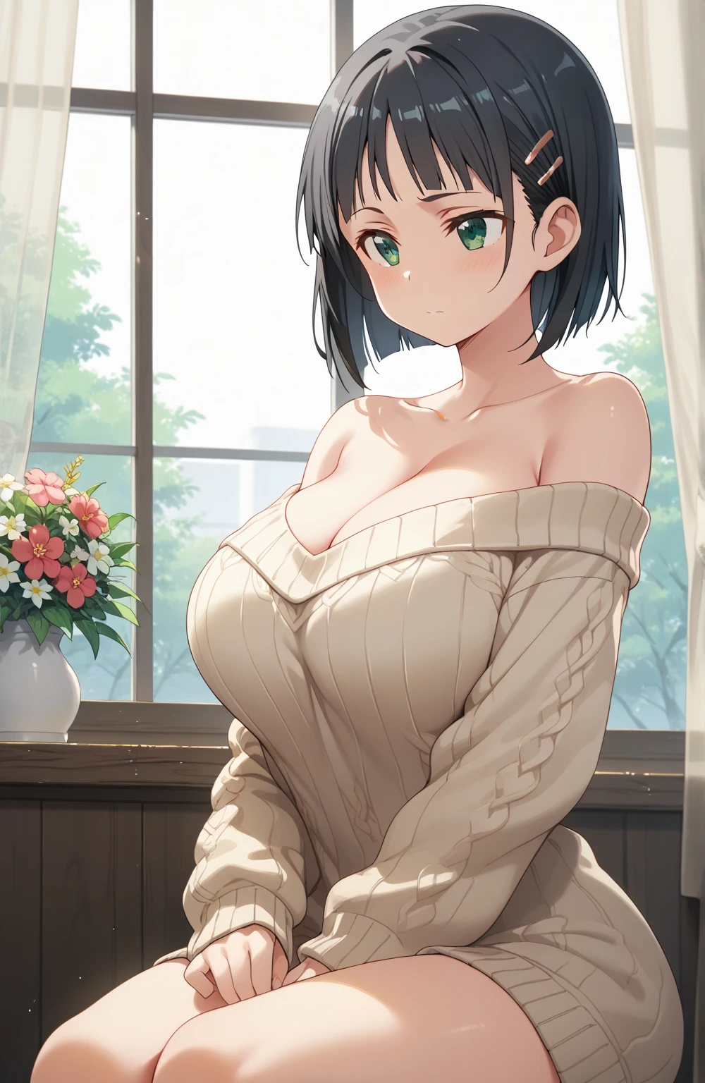 masterpiece, yor, 1girl, Amazing Cleavage:1.3, thin waist, big ass, Raised sexy, medium breast: 1.8 posed cleavage:1.2、solo, looking at viewer, open mouth, have a cup of coffee,black hair, red eyes, dress, bare shoulders, jewelry, collarbone, sidelocks, hairband, earrings, indoors, off shoulder, :o, sweater, arms behind back, plant, short hair with long locks, white hairband, off-shoulder dress, sweater dress, off-shoulder sweater, red sweater, big side hair, very long side hair,is rendered in (masterpiece: 1.2, best quality), with (ultra high resolution) and an exquisite (depth of field). This masterpiece is not only visually stunning but also tells, make of cake cooking ,in the kitchen