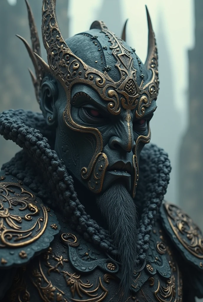 face of a old warrior, laced with gold powder, yggdrasil tattoo, red eyes, armor, battle, blood