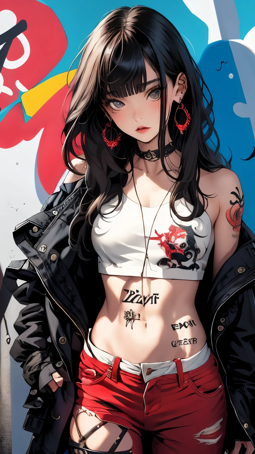 background, mixed-language_text, Japanese letters in graffit, Kelly Brook beautiful woman, long black hair, excellent lighting, sidelighting, perfect ultimate (flat color: 1.3), (magazine_cover: 1.4), (multicolored_background: 1.3), striped_background, card_background, :: discs with sharp and shiny blades in the hand :: circular pieces of white metals glued to the ultra detailed arms coming out sparkling glow, black star design stamped in the middle of the shirt ,  Perfect and detailed sculptural body, ultra detailed shirt with abstract design and with Japanese letter print in grafit of the sides of the clothing, worn jeans, big breast, with immersive effects, hover effect, background graffiti style tribal tattoo with flowers and vibrant colors, "ultra HDR" detailed and with focus effect, (masterpiece: 1.2, best quality), (beautiful eyes with huge eyelashes finely detailed:  1.2), , ((Solo)), (Finely detailed eyes and detailed face :1.3), perfect hands with 5 fingers and ultra detailed
