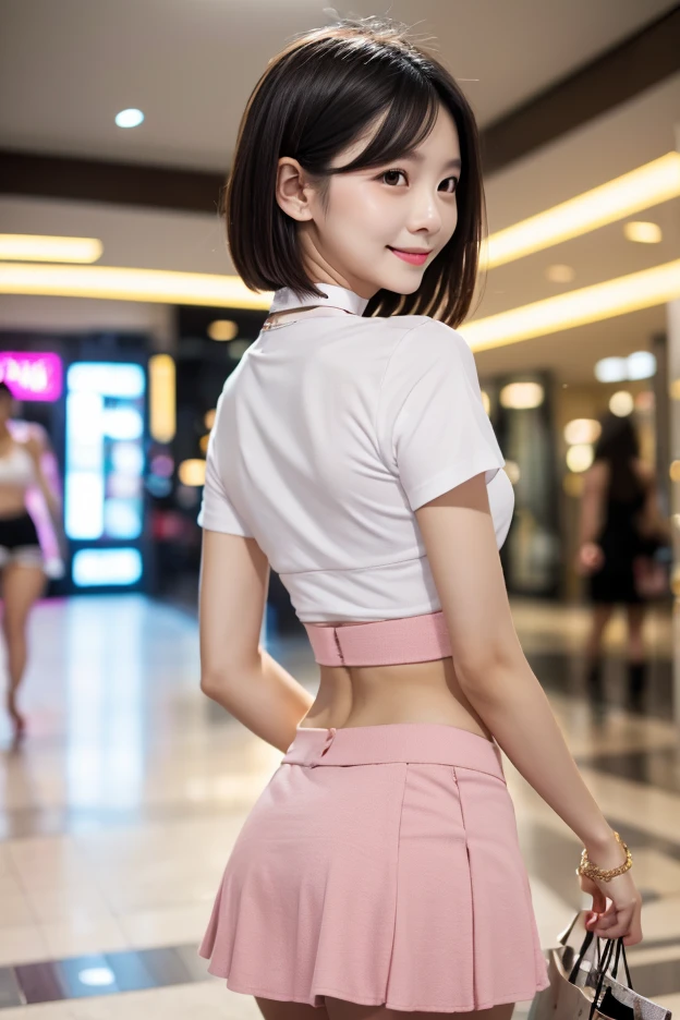 8k, masterpiece, RAW photo, best quality, photorealistic, extremely detailed CG unity 8k wallpaper, Depth of field, Cinematic Light, Lens Flare, Ray tracing, (extremely beautiful face, beautiful lips, beautiful eyes), intricate detail face, ((ultra detailed skin)) 1girl, in the dark, deep shadow, pretty korean girl, kpop idol, 1 girl, (very slim slender fit-muscled body:1.3), ((looking at viewer)),(big smile:1.3), (tight pink pants), (laced pants), (midnight, dark night, (neon sign), (blurred background), dim light), (without people in the background:1.3), beautiful earrings, bracelets, necklace, pantyhose, clear eyes, walking , front shot, (pale skin), (big eyes), face forward, (full body shot), ((silk hot pink shirt)), (brown hairs), (laced shirt), open navel, (looking at viewer:1.3) very slim, medium breasts, (camel toe), thick thighs, turn back, ((back shot))
