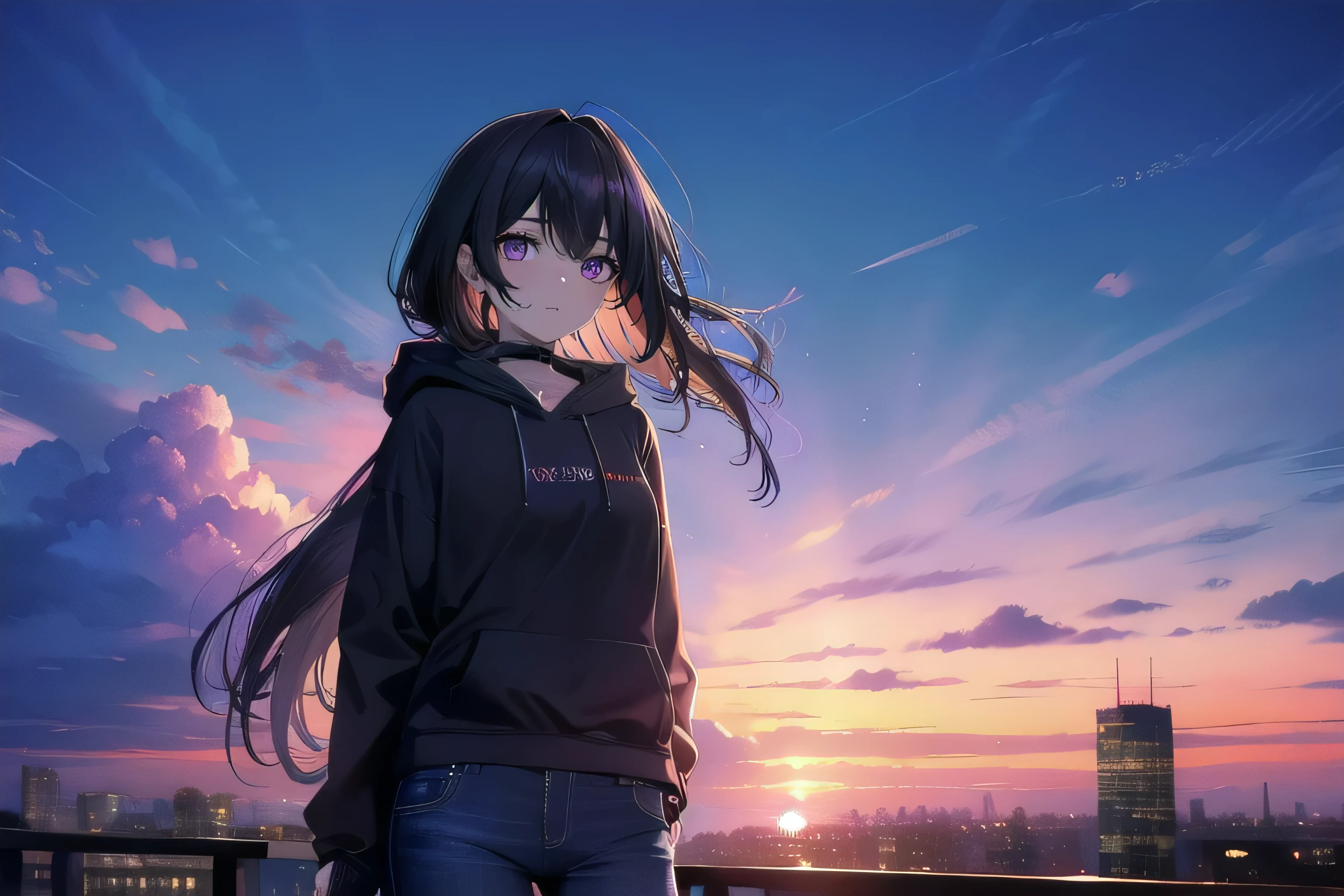 (masterpiece), (best quality), ultra detailed, finely detailed color, cenematic painting, bishoujo, model, ((one lady)), 20 years old, cute face, black hair, absurdly long hair, straight hair, (violet eyes:1.2), purple eyes, walking, chocker, ((black hoodie)), long jeans, inexpressive, slender body, small chest, urban, rooftop, city, sunset